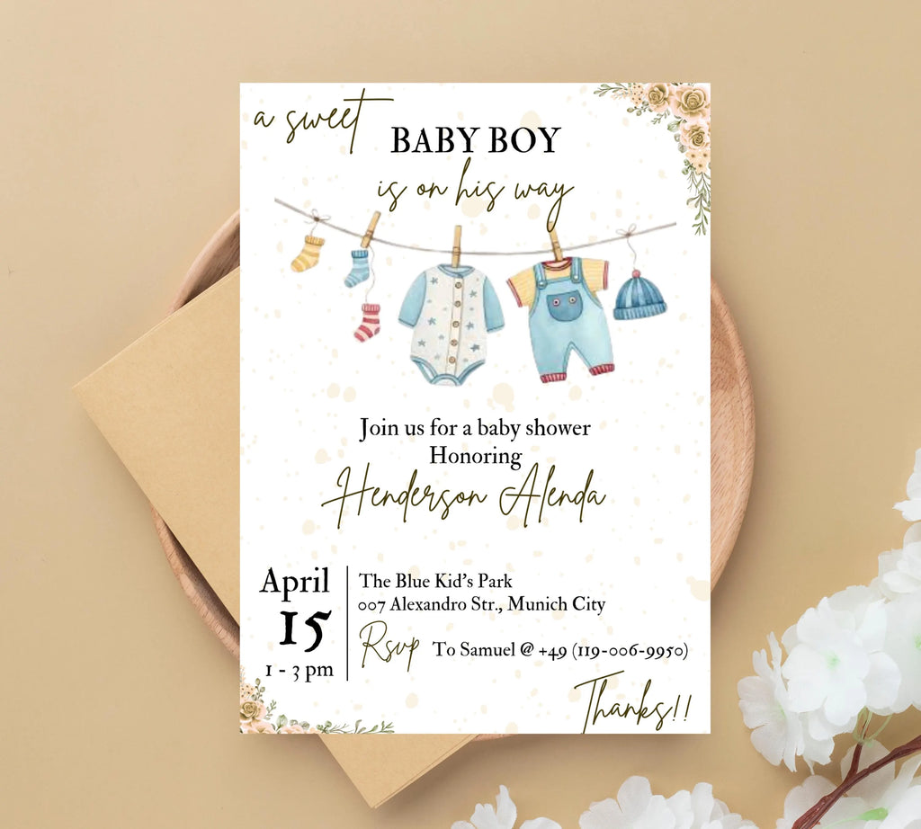 Boy Baby Shower invitation, Boy Baby Clothes Shower Invite, Boho Baby Shower Invitation, Baby Clothes Shower, Editable Template