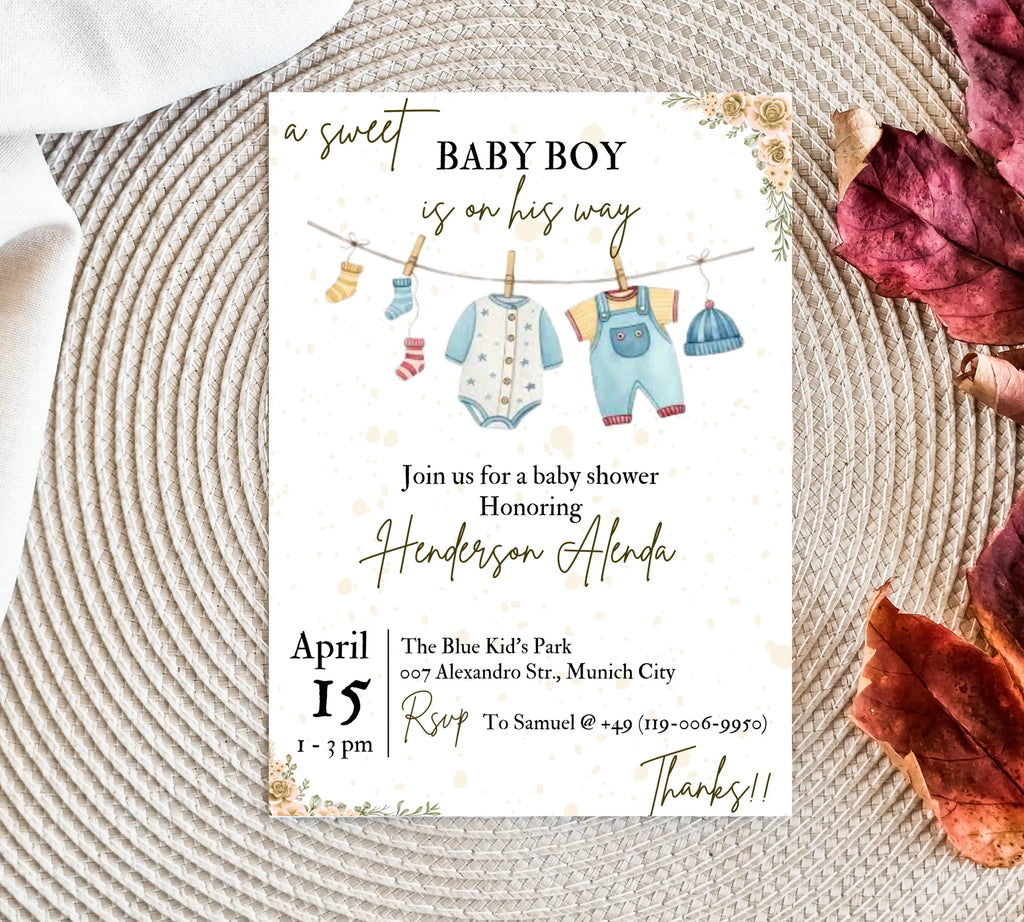 Boy Baby Shower invitation, Boy Baby Clothes Shower Invite, Boho Baby Shower Invitation, Baby Clothes Shower, Editable Template