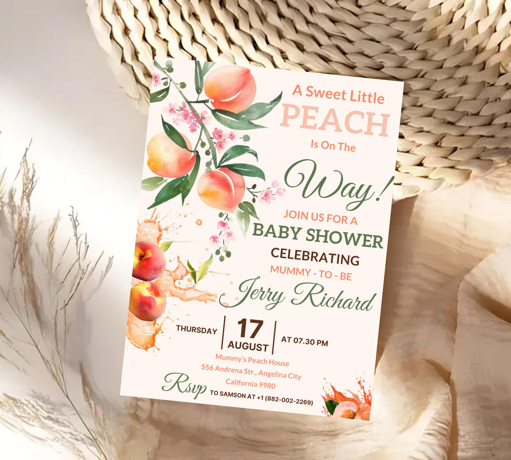 Peach Baby Shower invitation, Sweet Peach Baby Shower, Fruit Baby, Sweet Little Peach Baby Shower Invitation, Little Peach Baby Shower Invit