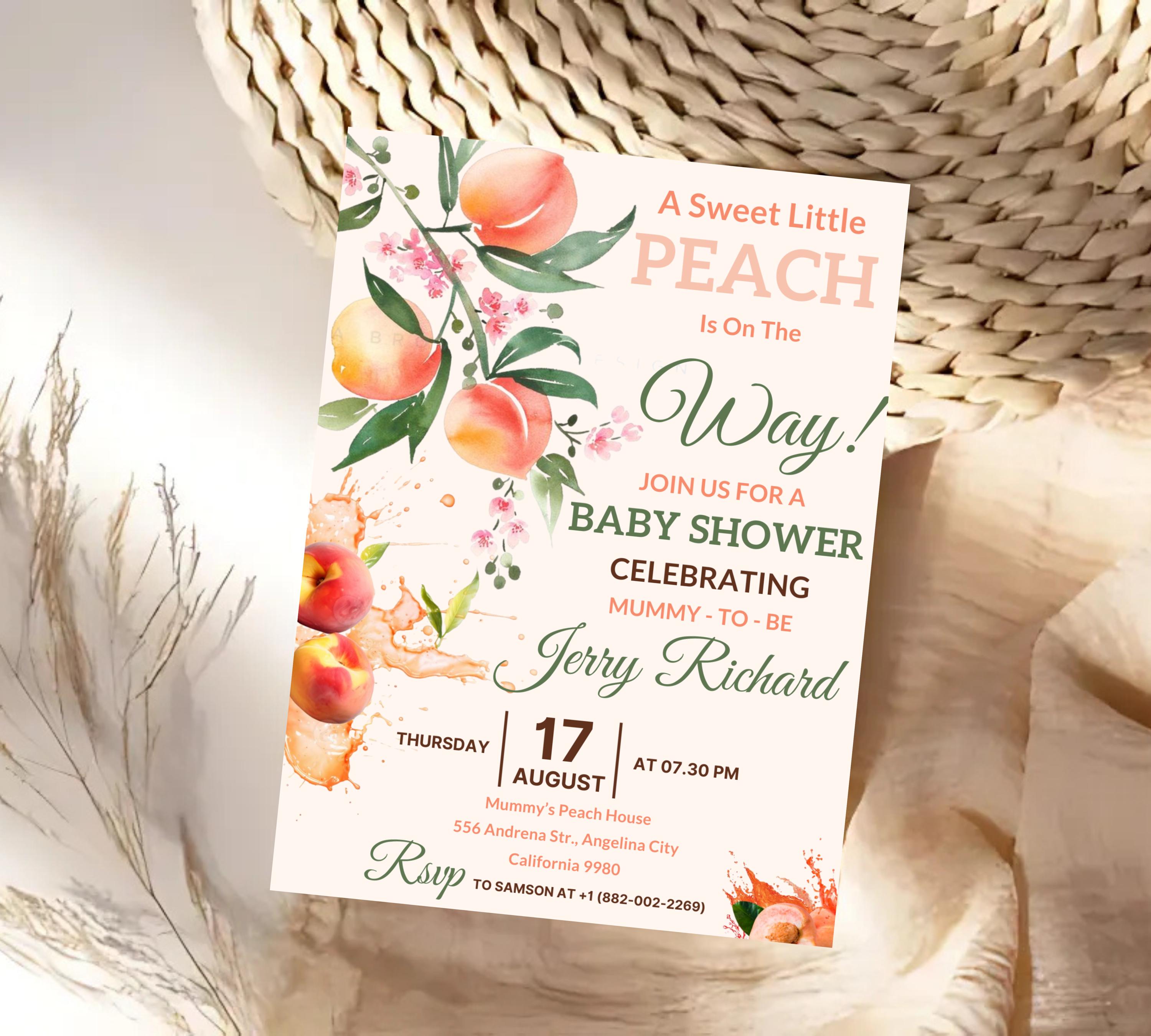 Peach Baby Shower invitation, Sweet Peach Baby Shower, Fruit Baby, Sweet Little Peach Baby Shower Invitation, Little Peach Baby Shower Invit