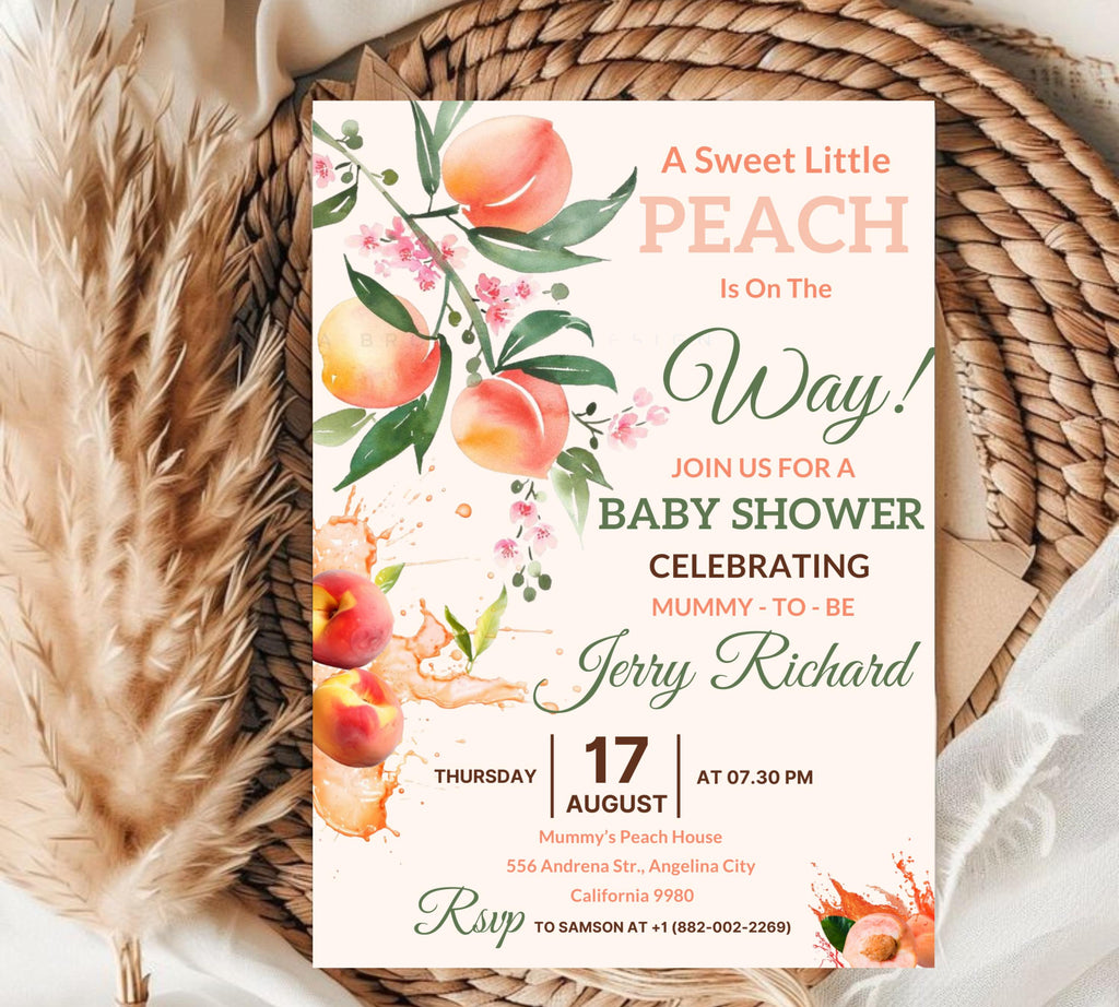Peach Baby Shower invitation, Sweet Peach Baby Shower, Fruit Baby, Sweet Little Peach Baby Shower Invitation, Little Peach Baby Shower Invit