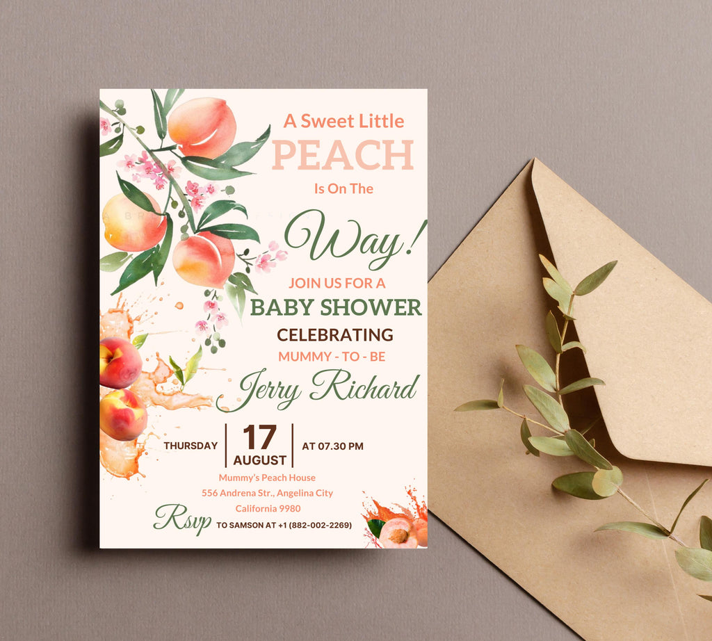 Peach Baby Shower invitation, Sweet Peach Baby Shower, Fruit Baby, Sweet Little Peach Baby Shower Invitation, Little Peach Baby Shower Invit
