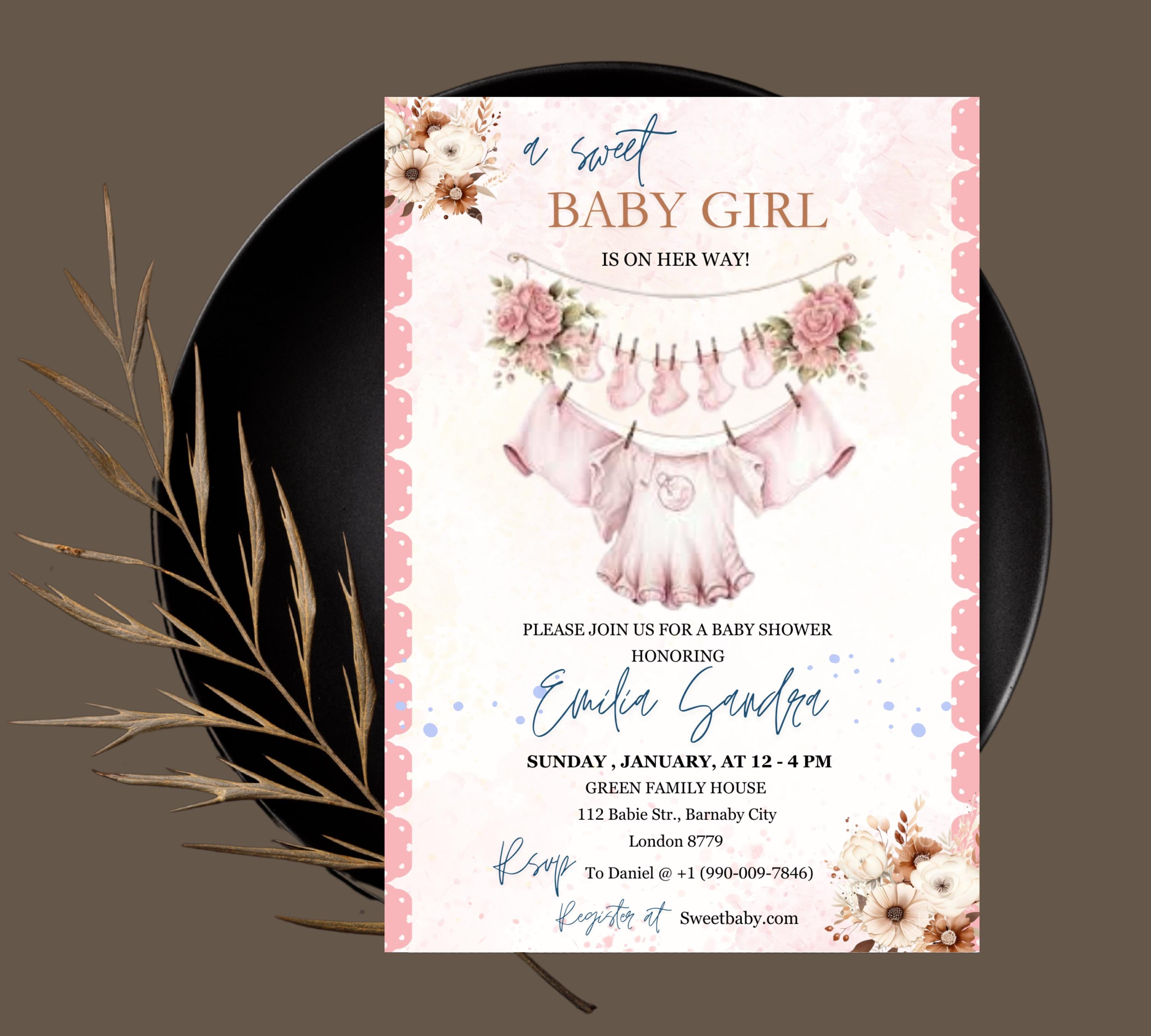 Boho Girl Clothesline Baby Shower invitation, Watercolor Blush Pink Baby Clothes, Girl Baby Shower Invite, Editable Baby Shower Floral