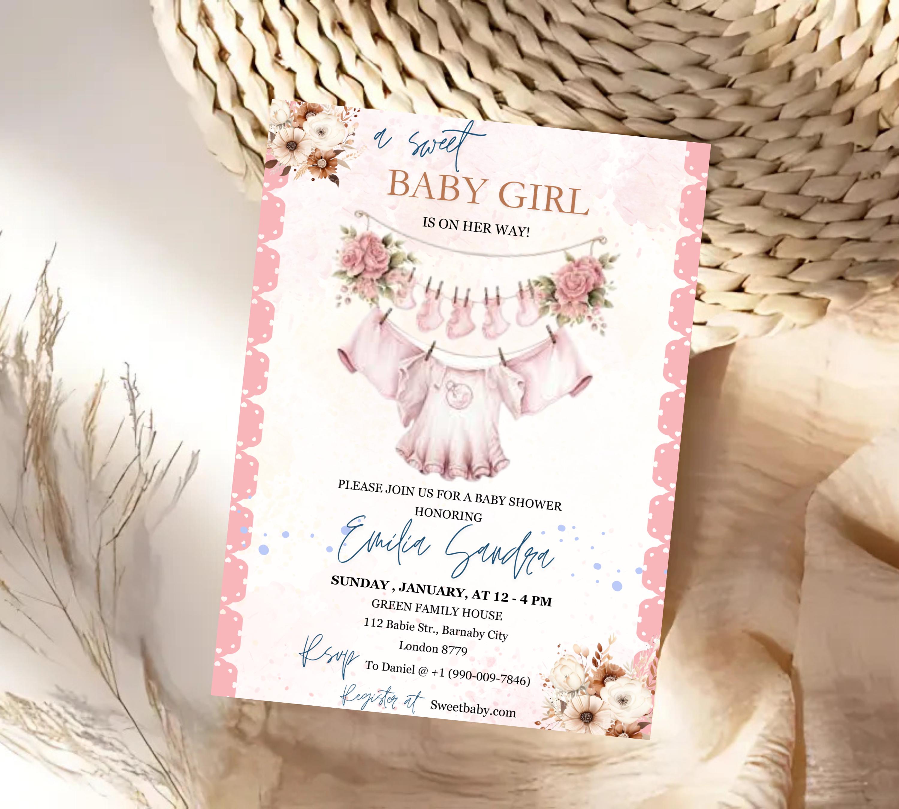 Boho Girl Clothesline Baby Shower invitation, Watercolor Blush Pink Baby Clothes, Girl Baby Shower Invite, Editable Baby Shower Floral