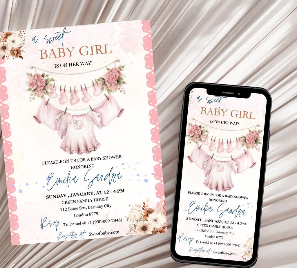 Boho Girl Clothesline Baby Shower invitation, Watercolor Blush Pink Baby Clothes, Girl Baby Shower Invite, Editable Baby Shower Floral