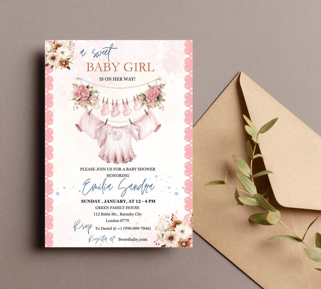 Boho Girl Clothesline Baby Shower invitation, Watercolor Blush Pink Baby Clothes, Girl Baby Shower Invite, Editable Baby Shower Floral