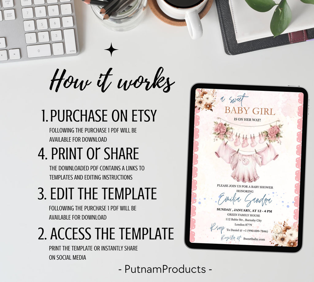 Boho Girl Clothesline Baby Shower invitation, Watercolor Blush Pink Baby Clothes, Girl Baby Shower Invite, Editable Baby Shower Floral