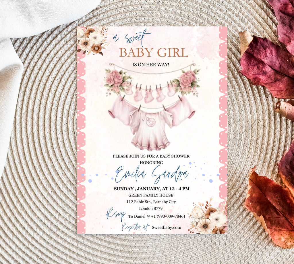 Boho Girl Clothesline Baby Shower invitation, Watercolor Blush Pink Baby Clothes, Girl Baby Shower Invite, Editable Baby Shower Floral