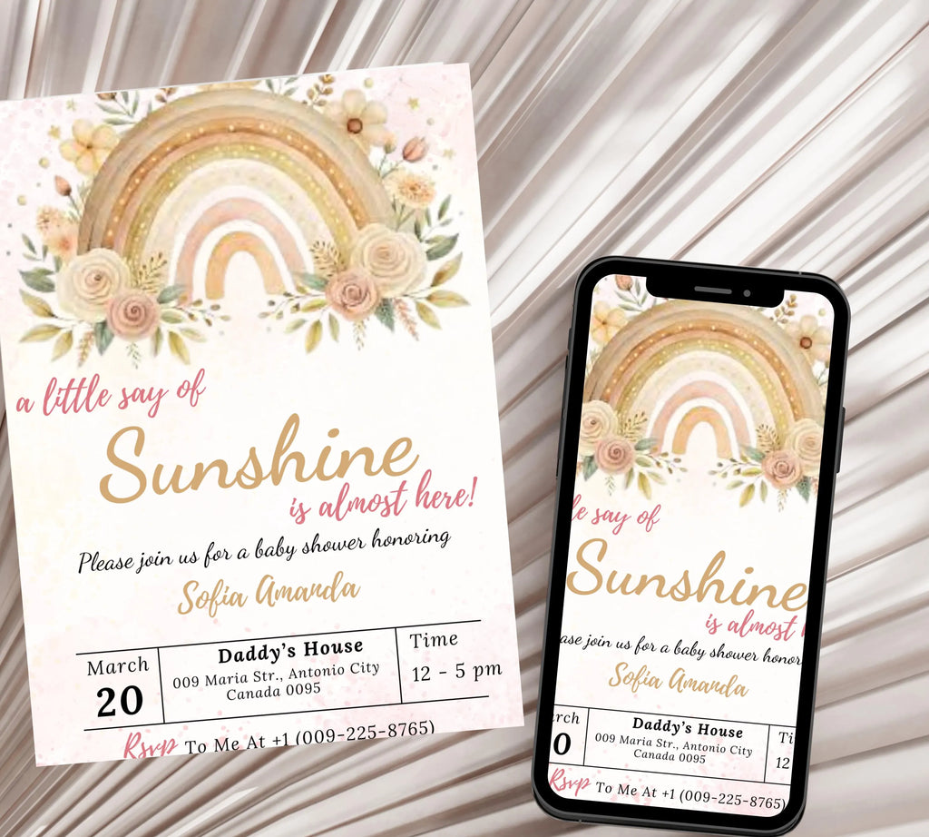 A Little Ray of Sunshine Boho Rainbow Baby Shower invitation, Sunshine Boho Baby Shower Invitation, Little Sunshine Baby Shower Invite