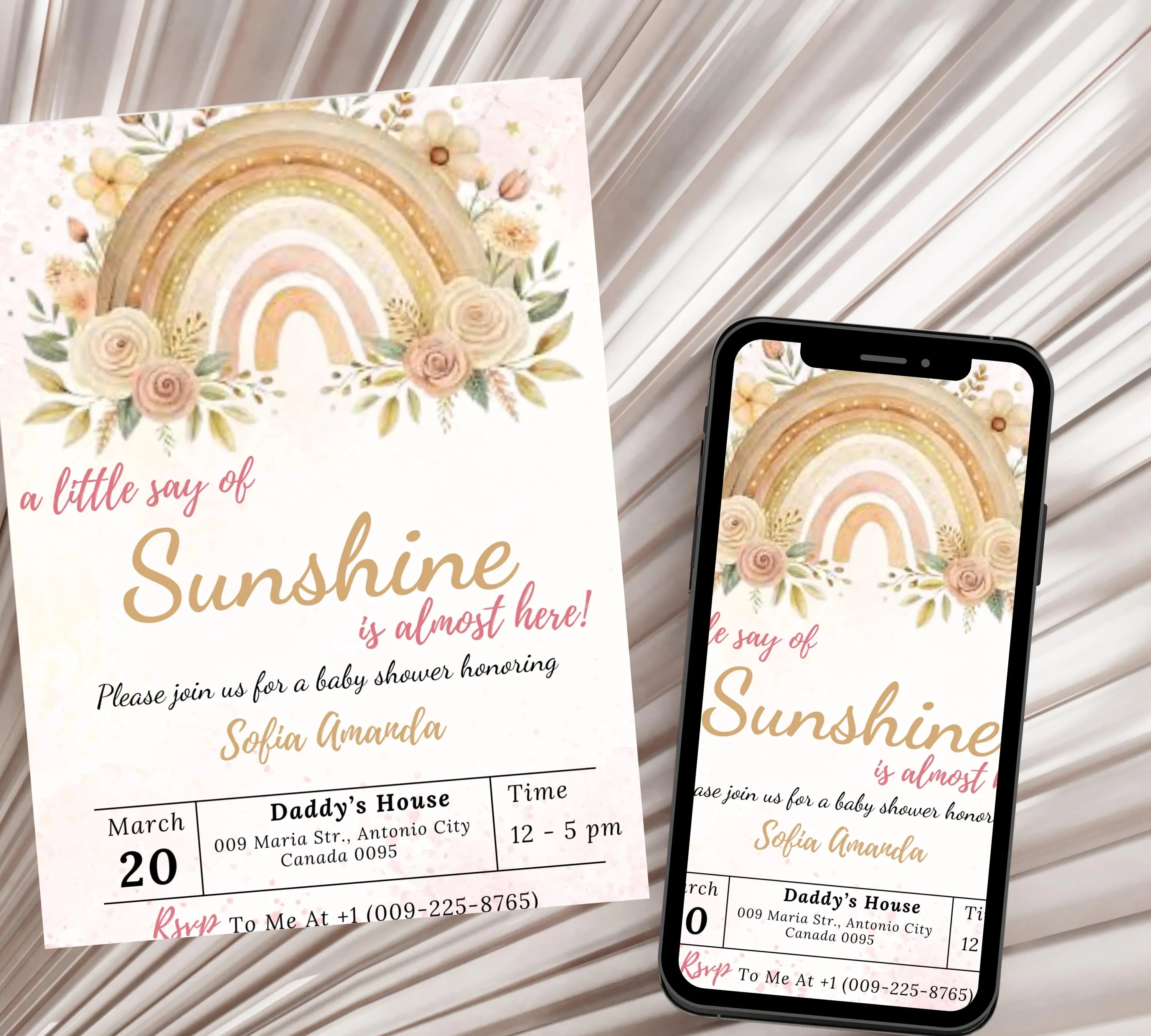 A Little Ray of Sunshine Boho Rainbow Baby Shower invitation, Sunshine Boho Baby Shower Invitation, Little Sunshine Baby Shower Invite