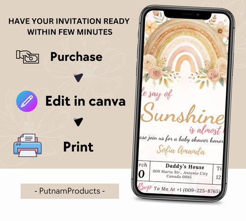 A Little Ray of Sunshine Boho Rainbow Baby Shower invitation, Sunshine Boho Baby Shower Invitation, Little Sunshine Baby Shower Invite