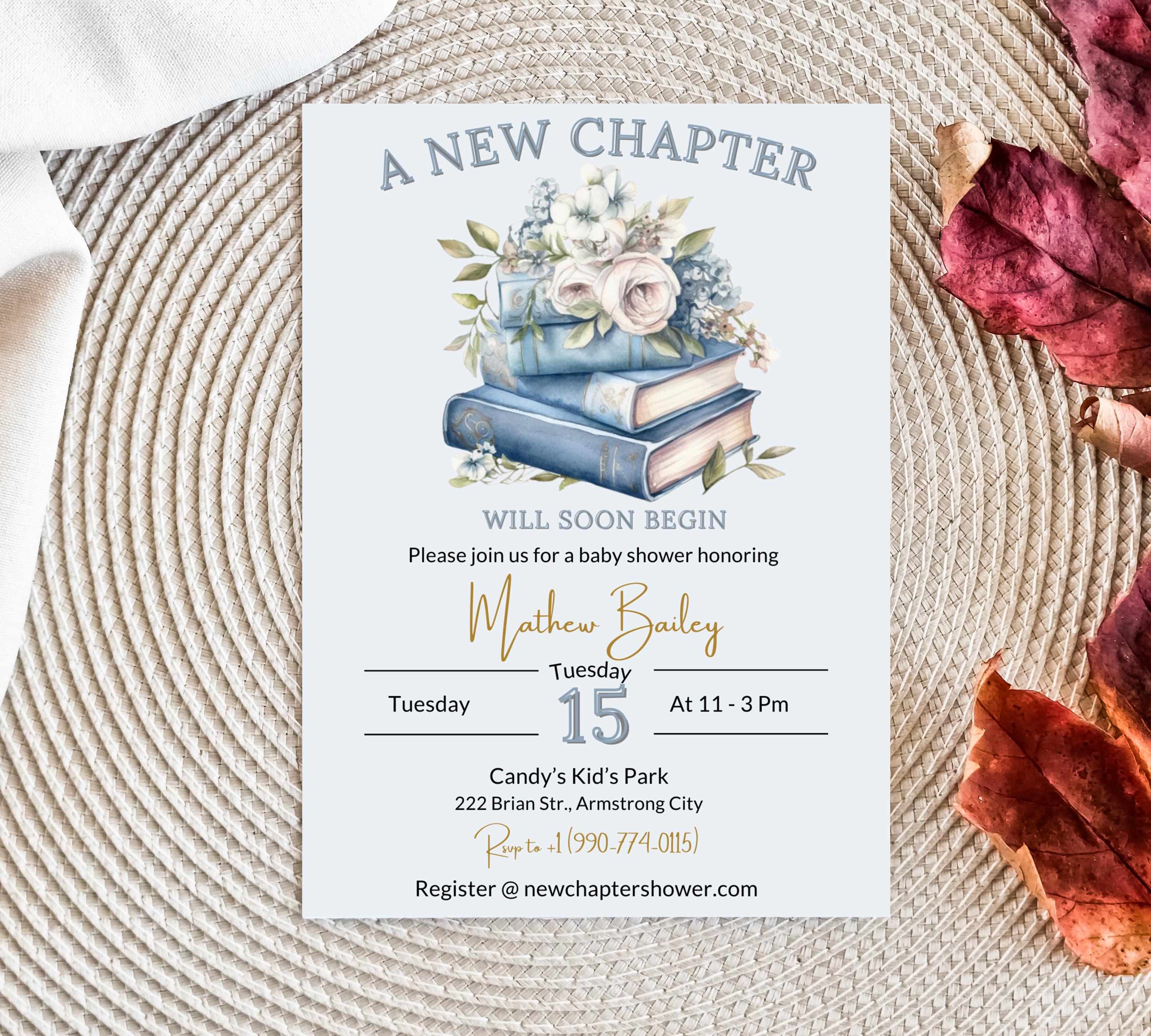 Editable Blue storybook baby shower invitation, Blue Floral Baby Shower Invite, Vintage Book Theme Baby Shower Invite, Baby shower invite