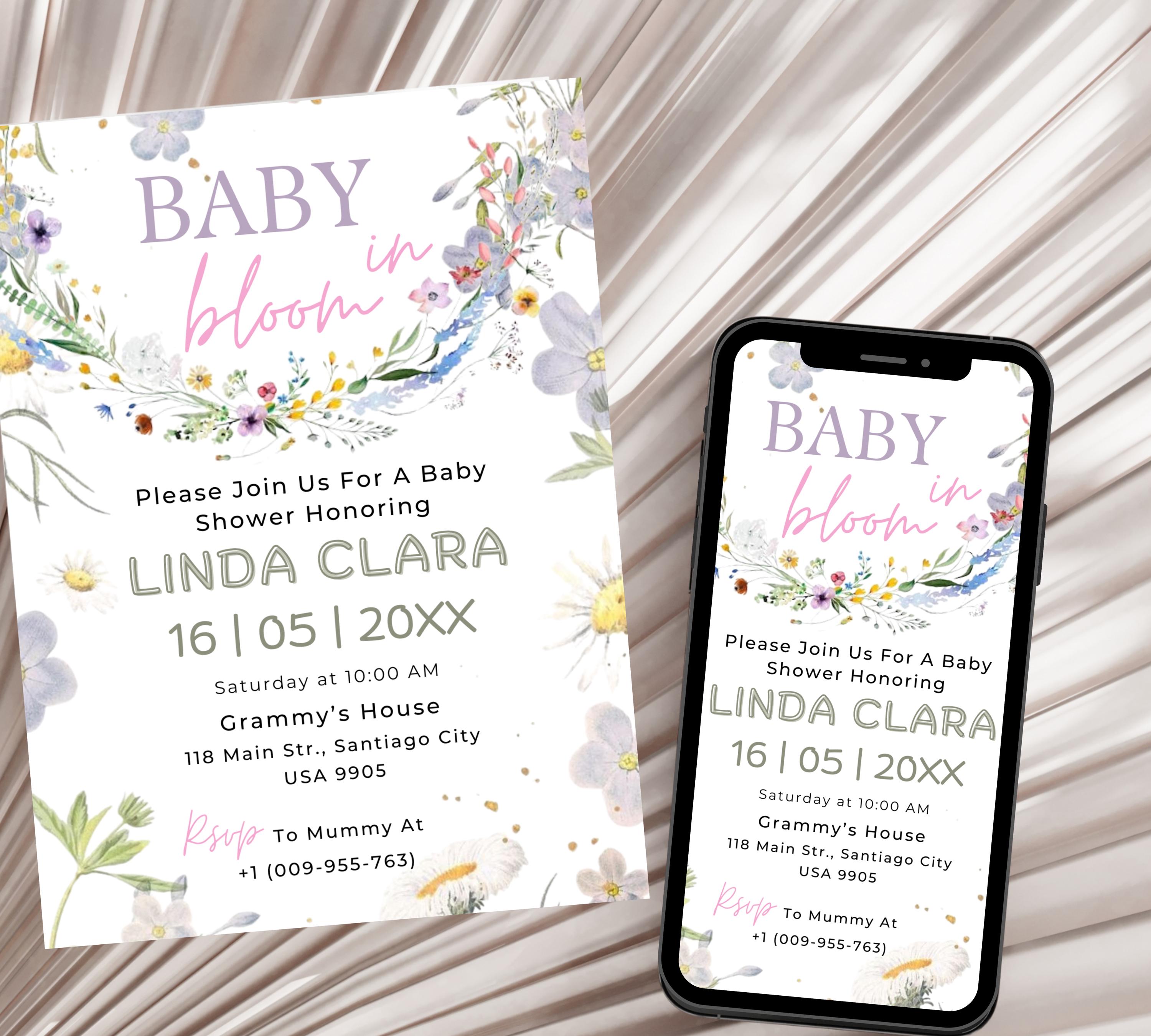 Editable Baby in Bloom Mobile Invitation, Wildflower Baby Shower Electronic Invite, Baby in Bloom Digital Invite, Floral Invite