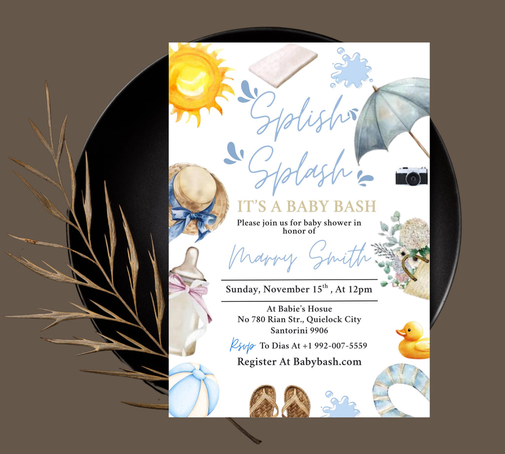 Editable Splish Splash Baby Shower invitation, Blue Beach Summer girl Baby Shower Invite, Tropical Summer girl Blue Pool Surf Beach
