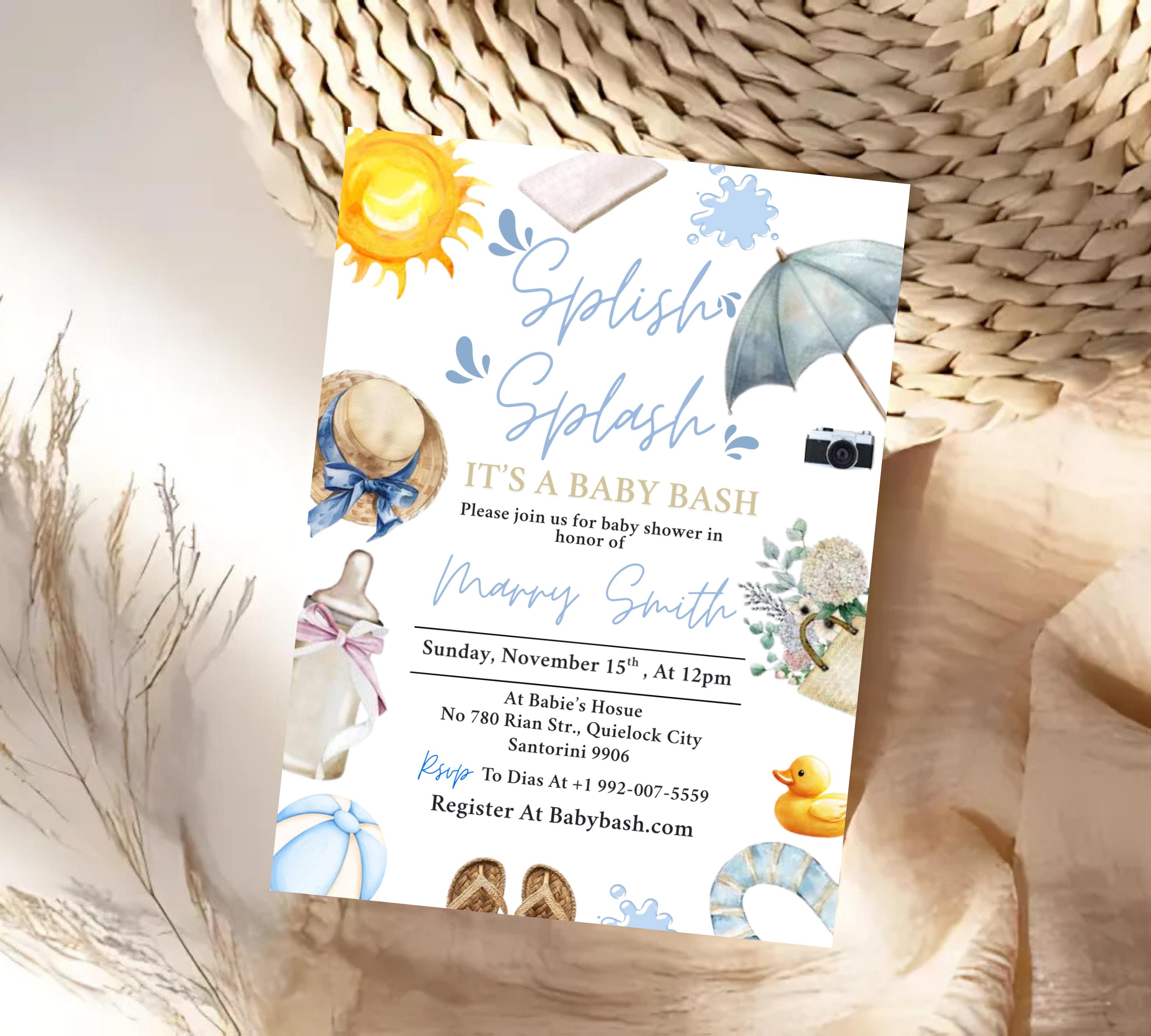 Editable Splish Splash Baby Shower invitation, Blue Beach Summer girl Baby Shower Invite, Tropical Summer girl Blue Pool Surf Beach