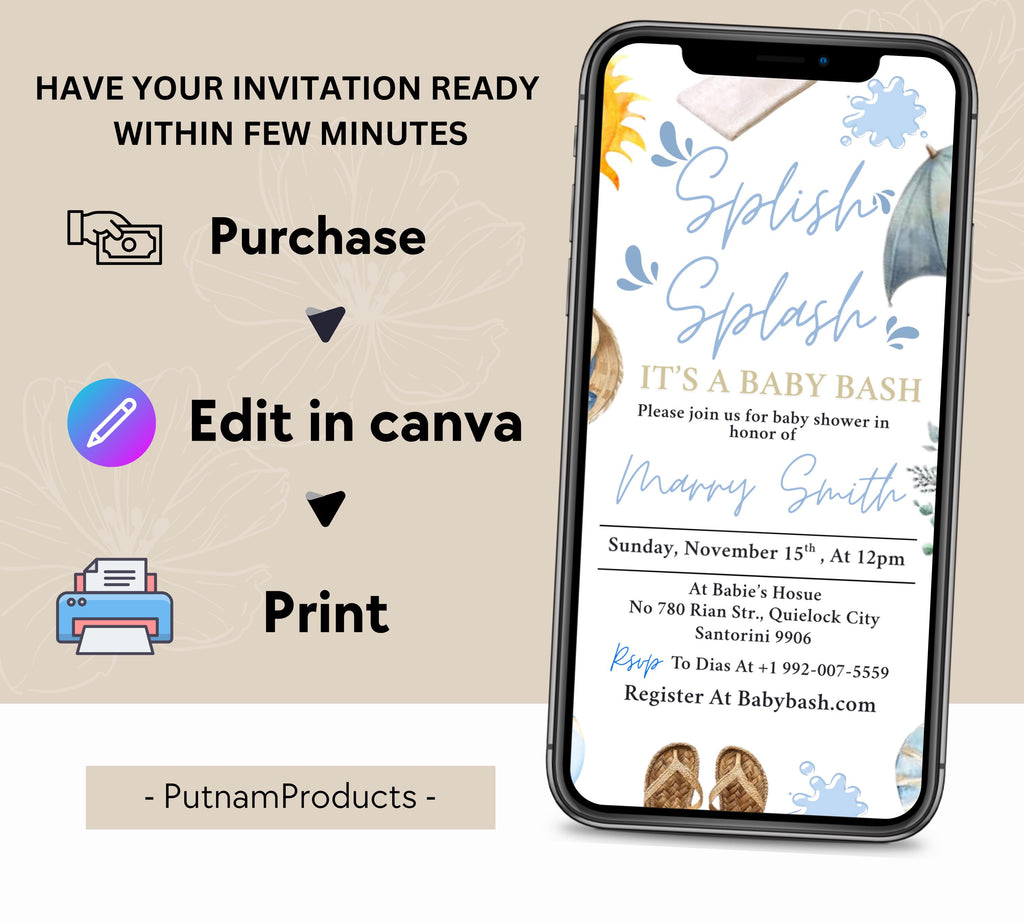 Editable Splish Splash Baby Shower invitation, Blue Beach Summer girl Baby Shower Invite, Tropical Summer girl Blue Pool Surf Beach