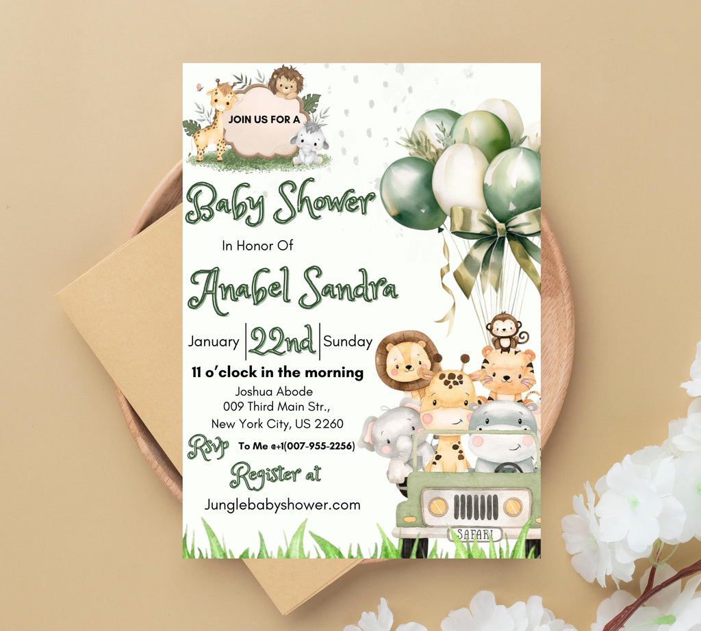 Jungle Baby Shower Invitation, Editable Safari Animals Invite, Gender Neutral Safari Invite Template, Jungle Animals Safari Truck