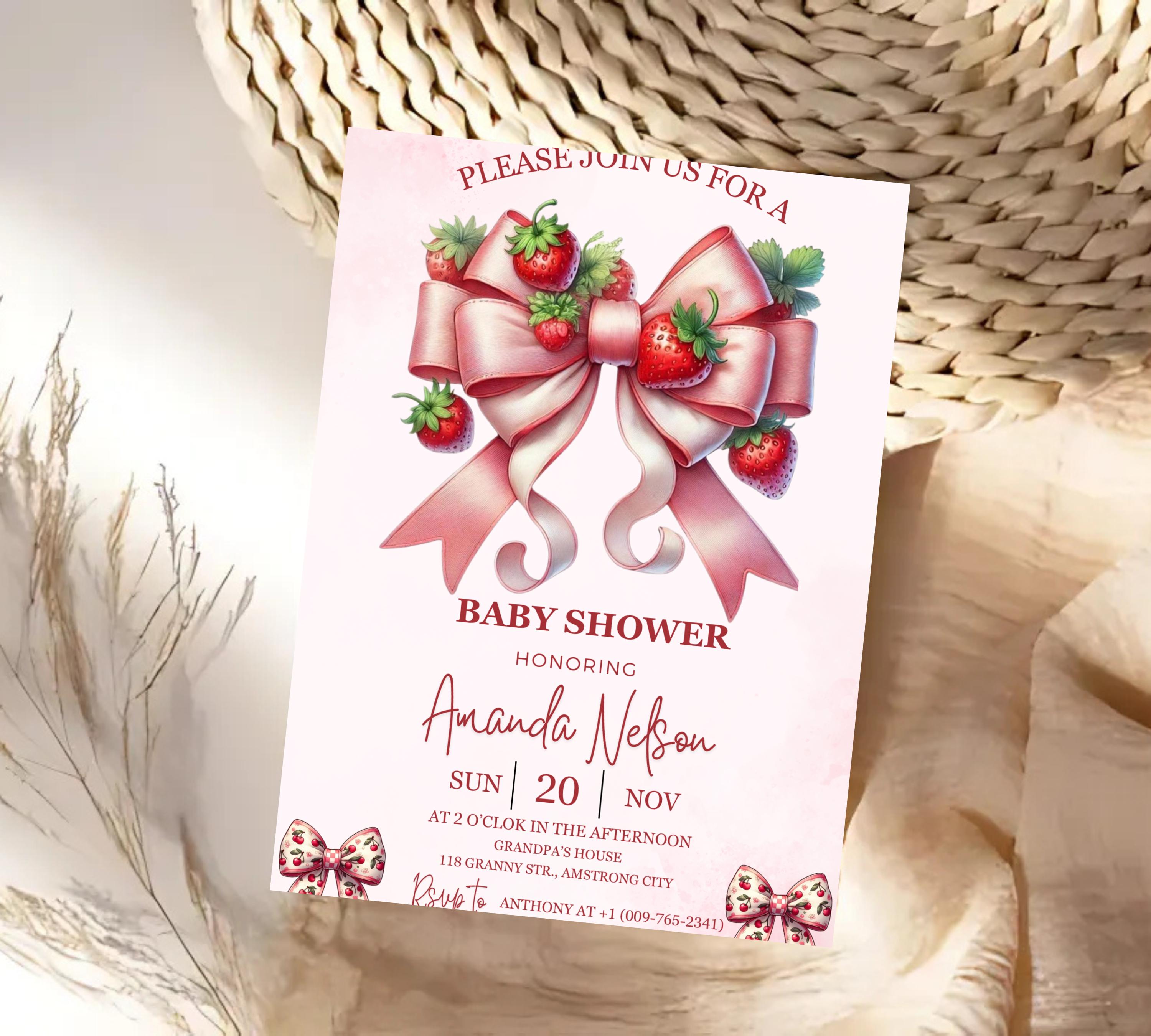 EDITABLE Pink Watercolor ribbon Baby Shower Invitation, Minimalist Baby Shower Pink Watercolor Ribbon Blush Pink 1st Birthday invitation