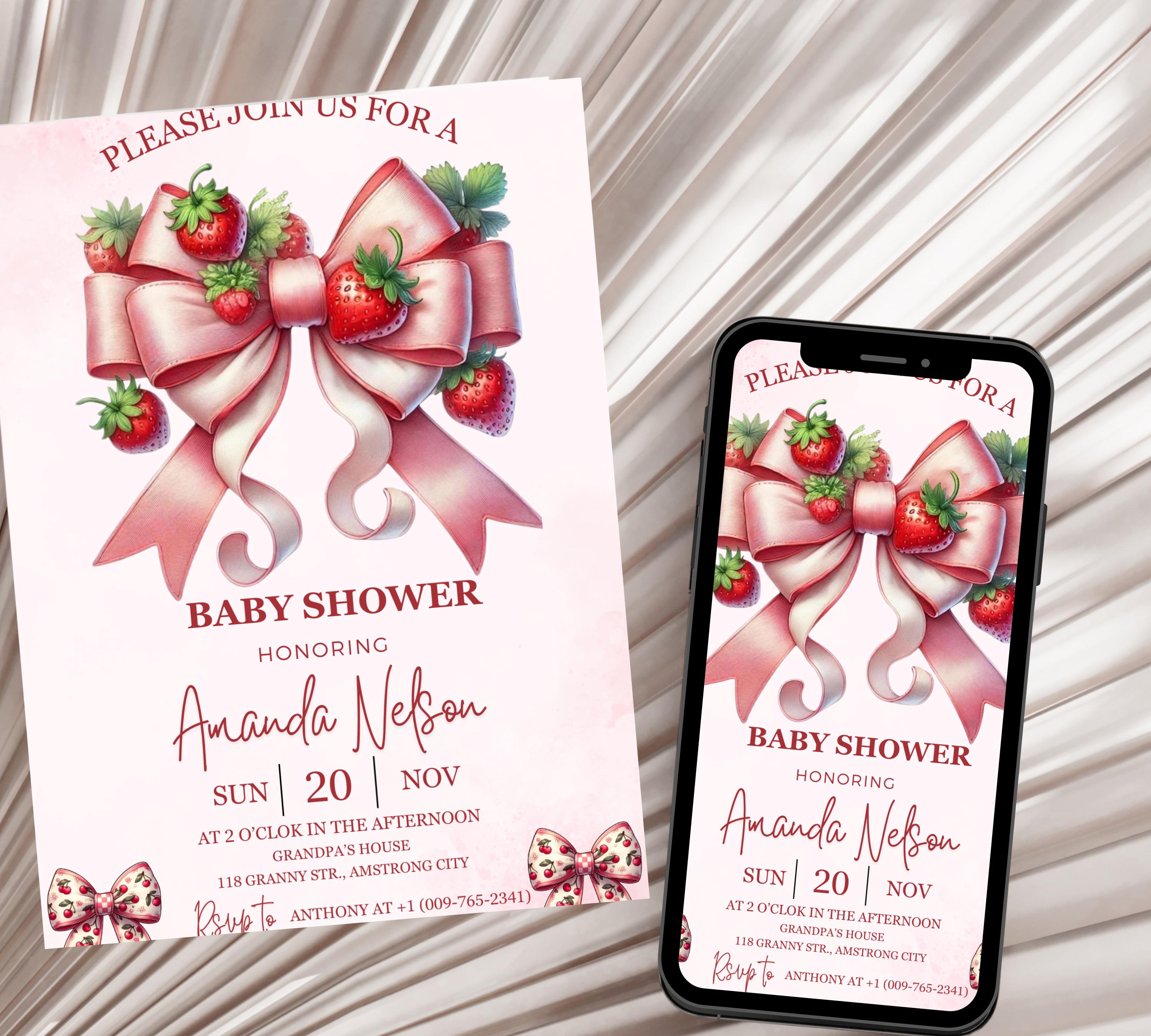EDITABLE Pink Watercolor ribbon Baby Shower Invitation, Minimalist Baby Shower Pink Watercolor Ribbon Blush Pink 1st Birthday invitation