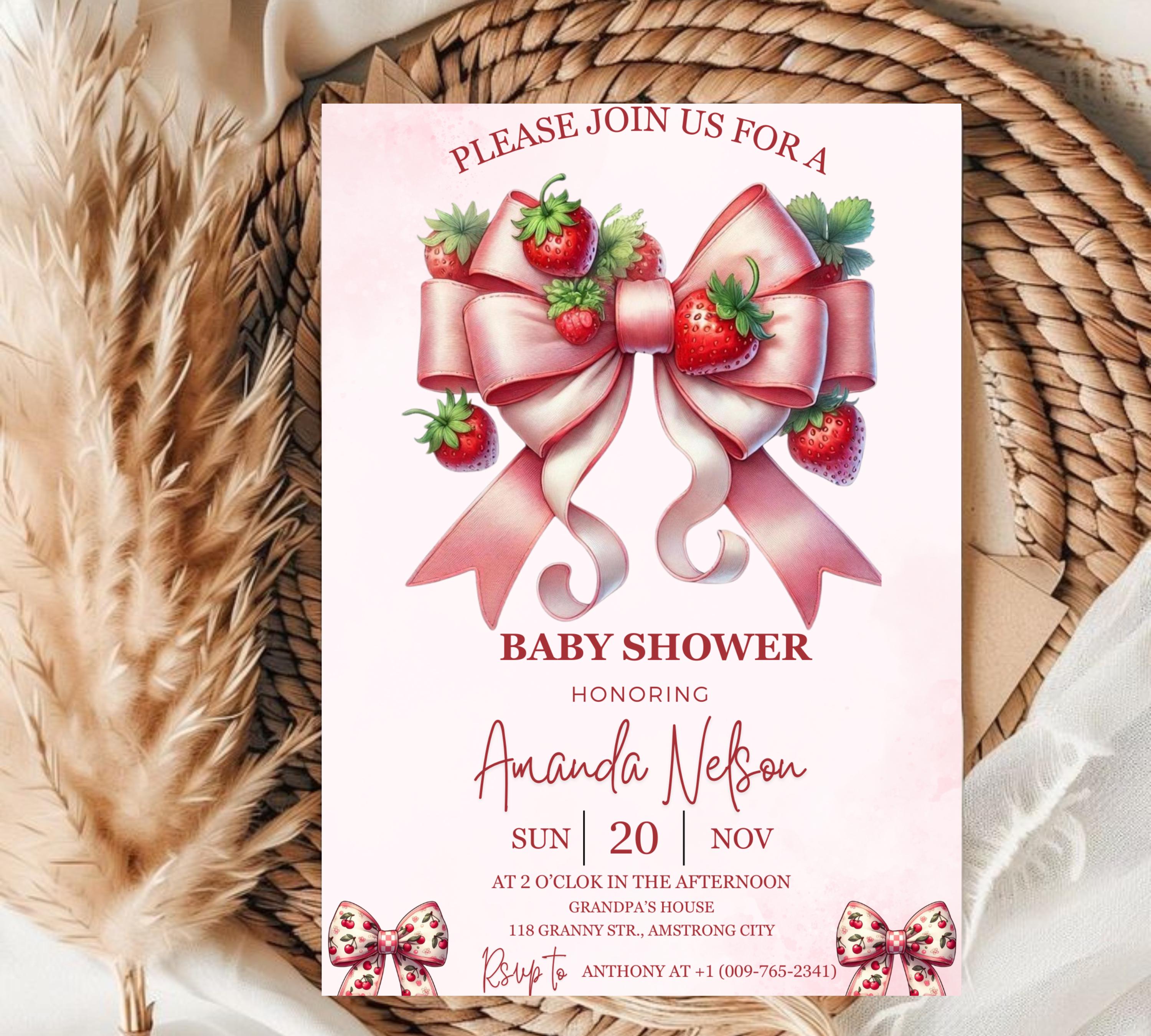 EDITABLE Pink Watercolor ribbon Baby Shower Invitation, Minimalist Baby Shower Pink Watercolor Ribbon Blush Pink 1st Birthday invitation