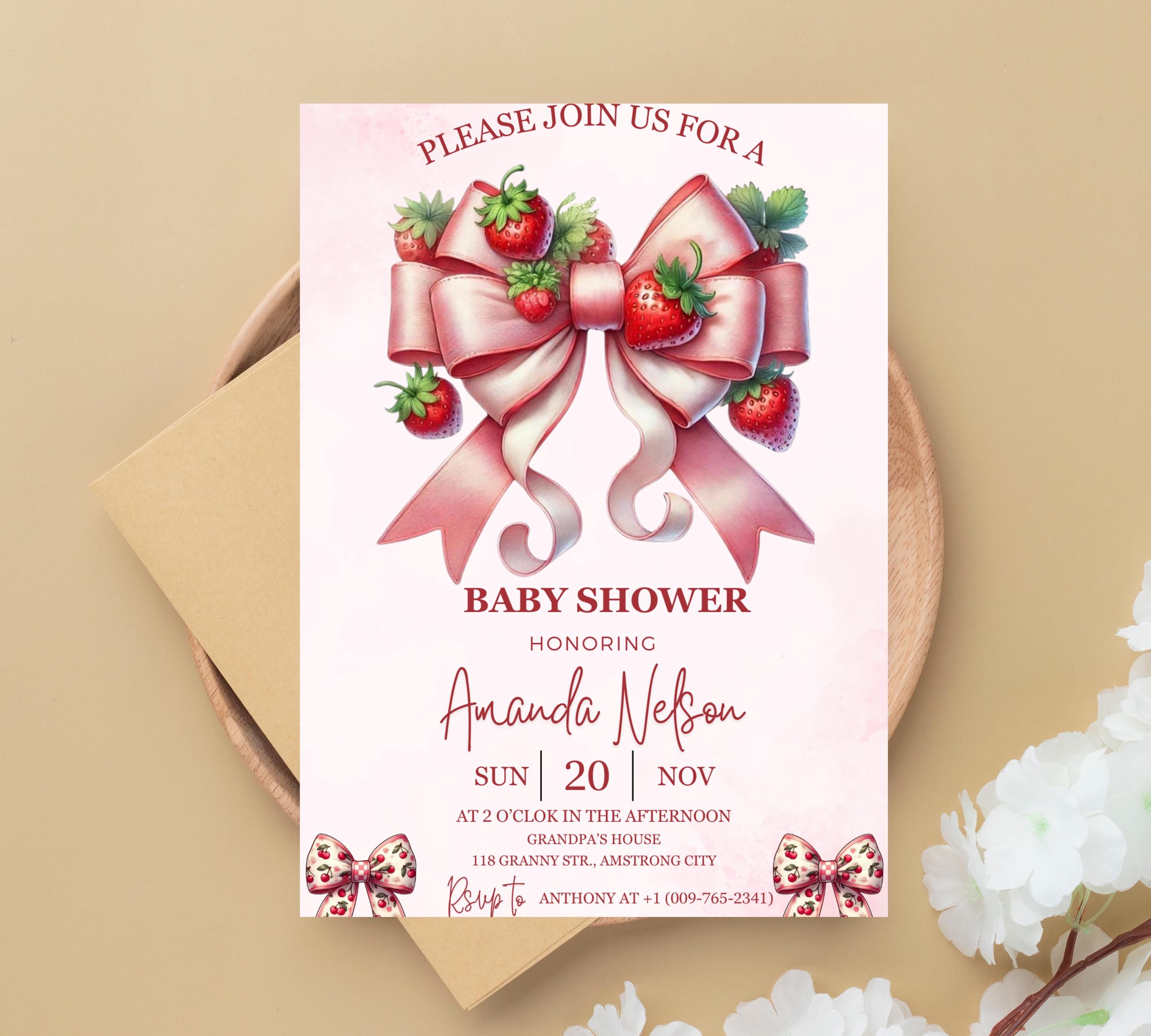 EDITABLE Pink Watercolor ribbon Baby Shower Invitation, Minimalist Baby Shower Pink Watercolor Ribbon Blush Pink 1st Birthday invitation