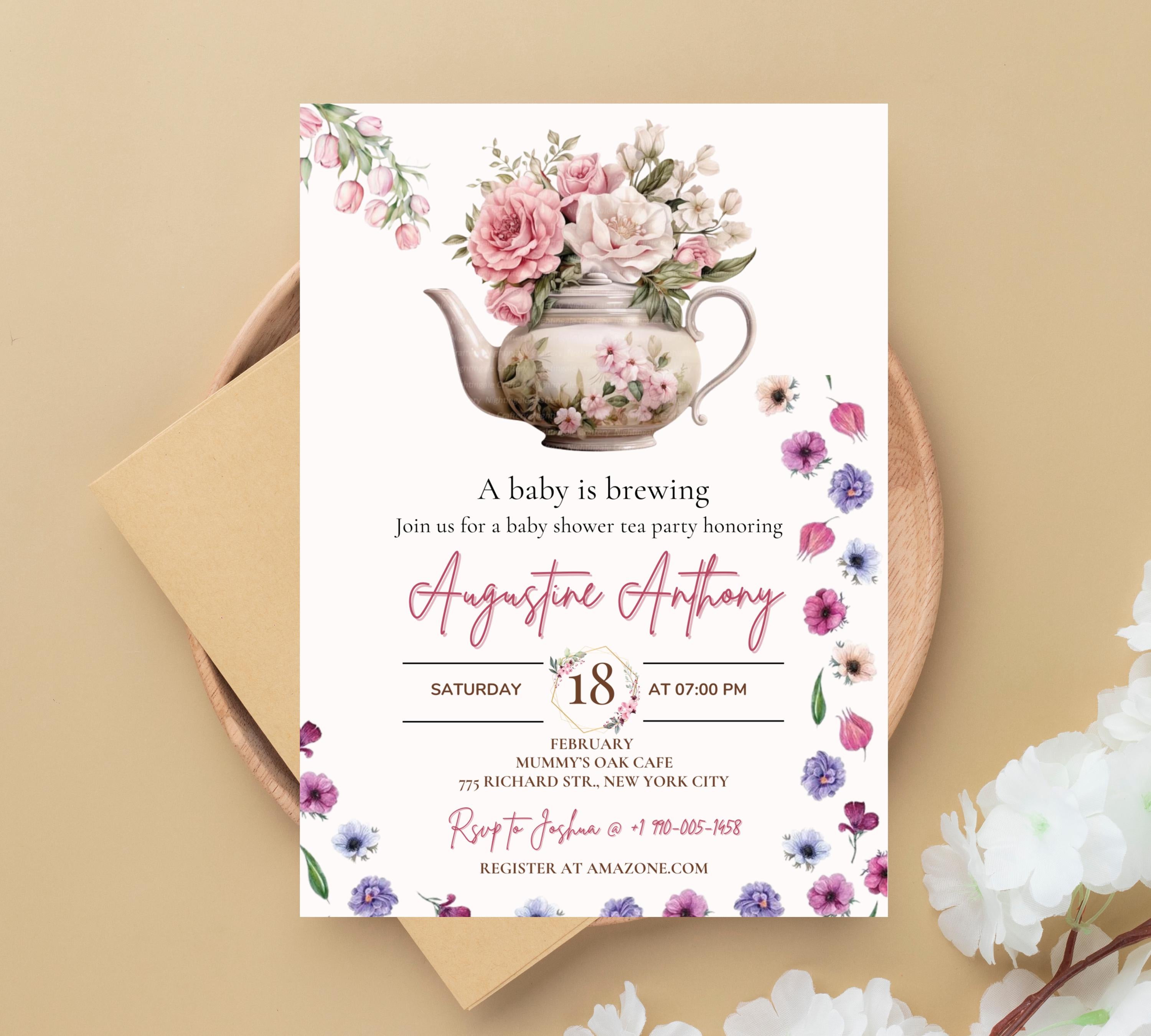 Editable Baby Shower Tea Party invitation, A Baby is Brewing Invitation Template, Wildflower Baby Shower Tea Time, Time for Tea Invite