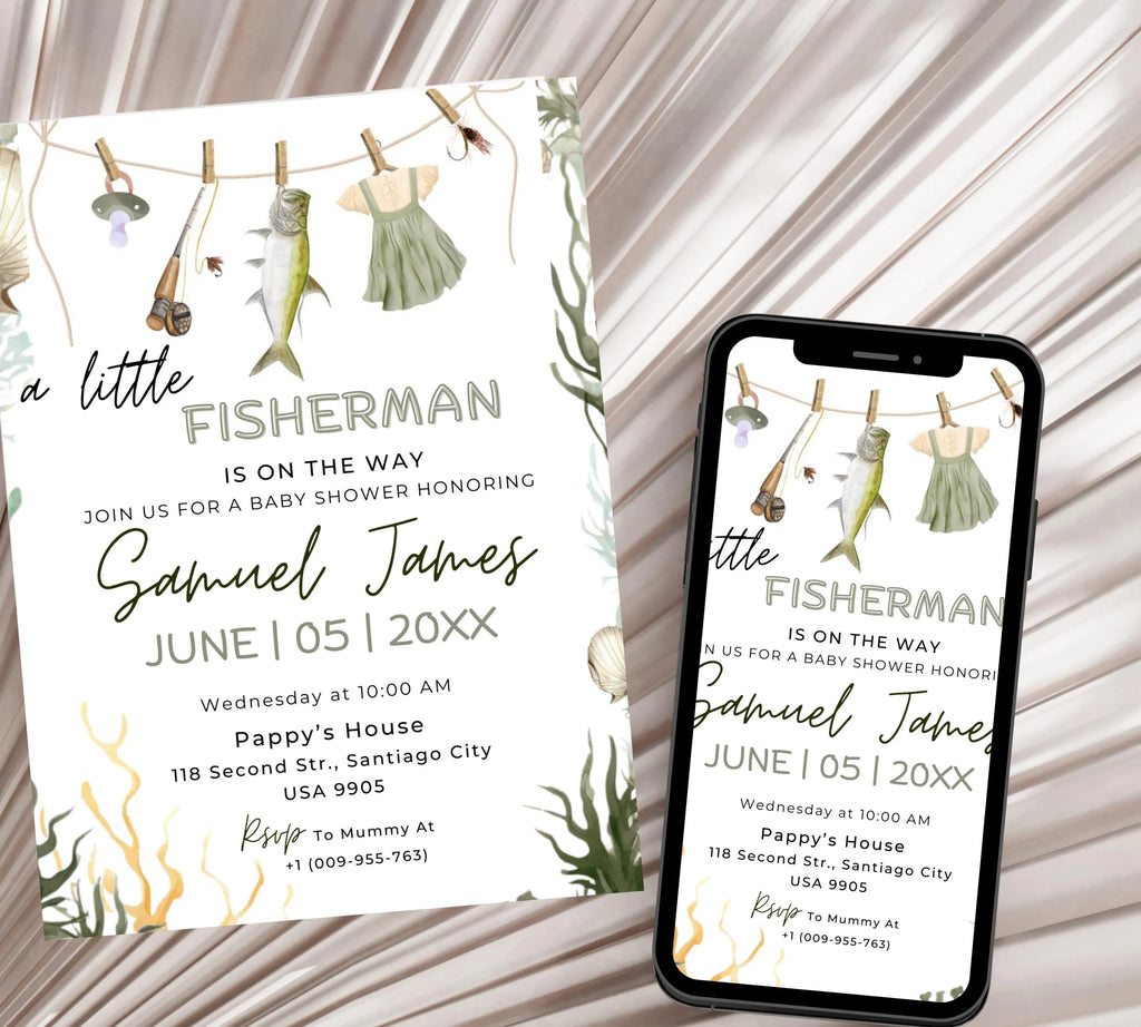 Editable Fishing Baby Shower Invitation, A Little Fisherman is on the way Baby Shower invite, Editable Little Fisherman Boy Baby Shower