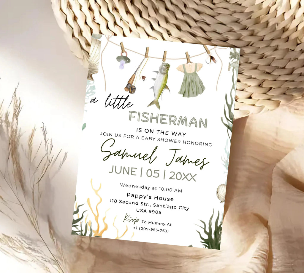 Editable Fishing Baby Shower Invitation, A Little Fisherman is on the way Baby Shower invite, Editable Little Fisherman Boy Baby Shower