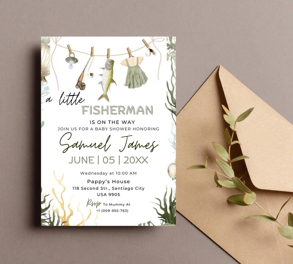 Editable Fishing Baby Shower Invitation, A Little Fisherman is on the way Baby Shower invite, Editable Little Fisherman Boy Baby Shower