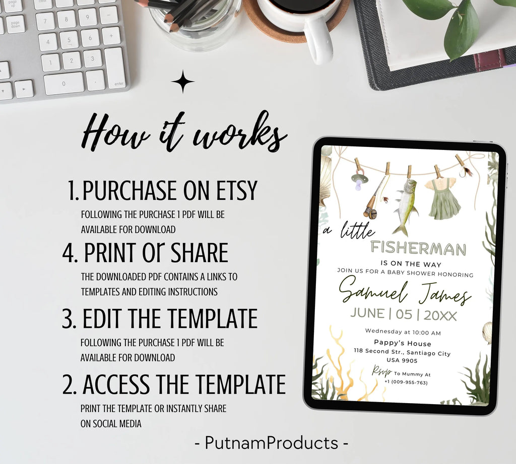 Editable Fishing Baby Shower Invitation, A Little Fisherman is on the way Baby Shower invite, Editable Little Fisherman Boy Baby Shower