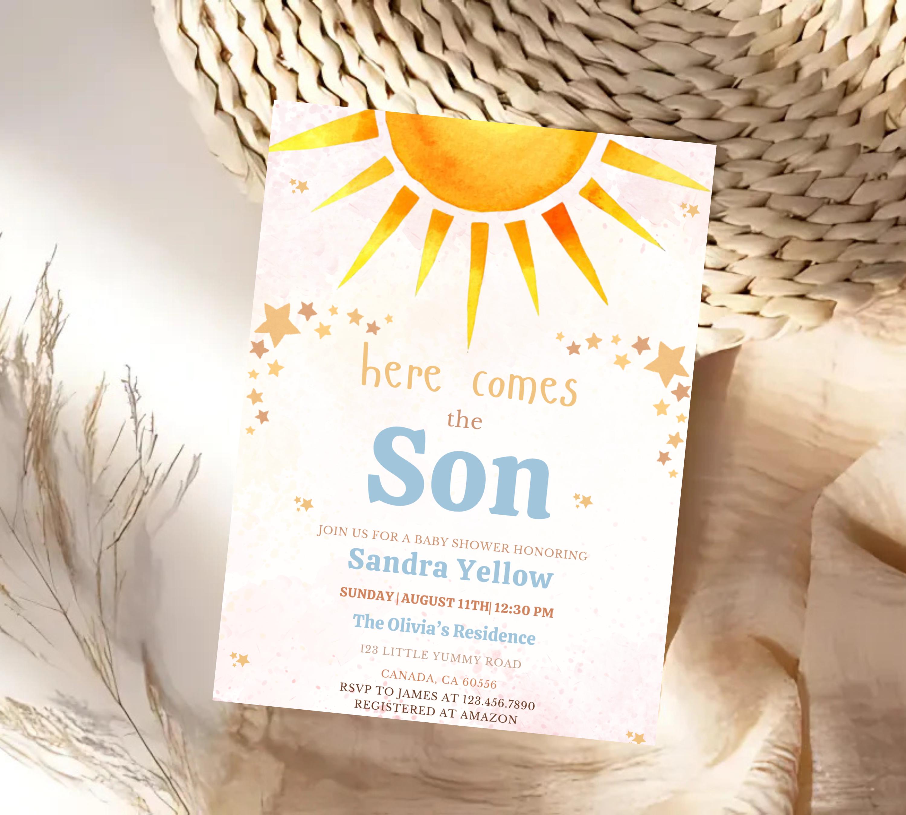 Editable Sunshine Baby Shower invitation, Little Sunshine Baby Shower Invite, Boho Sunshine Baby Shower Invite, Sun Baby Invitation