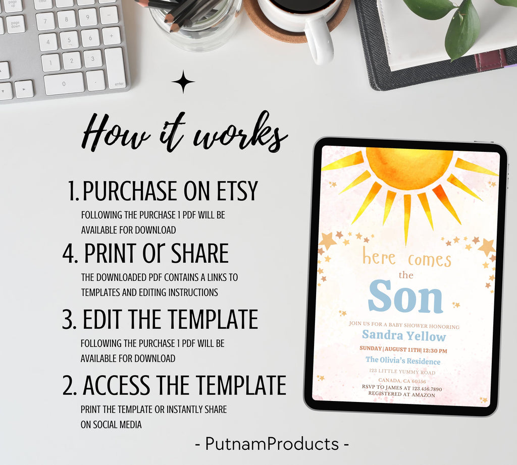 Editable Sunshine Baby Shower invitation, Little Sunshine Baby Shower Invite, Boho Sunshine Baby Shower Invite, Sun Baby Invitation
