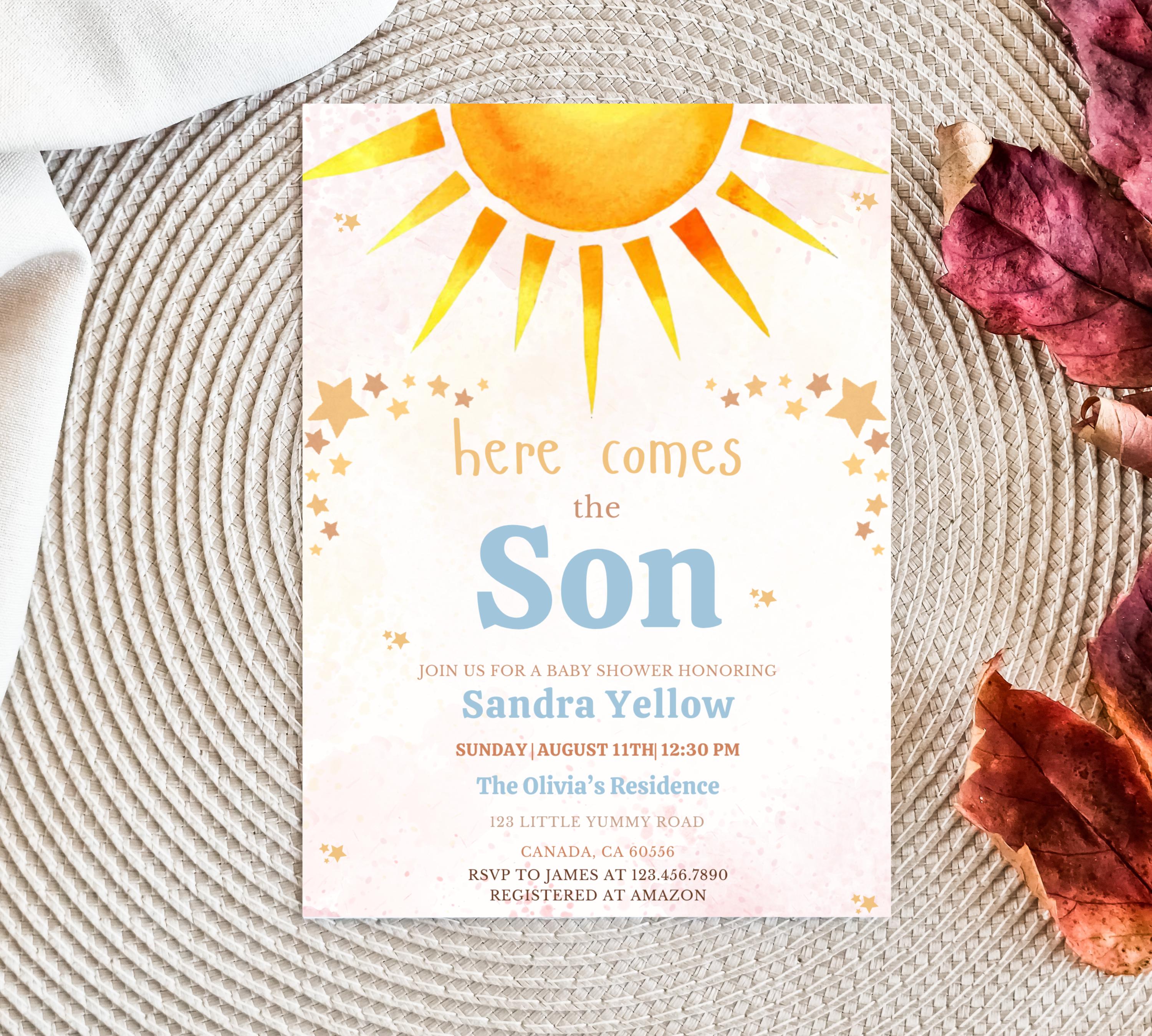 Editable Sunshine Baby Shower invitation, Little Sunshine Baby Shower Invite, Boho Sunshine Baby Shower Invite, Sun Baby Invitation