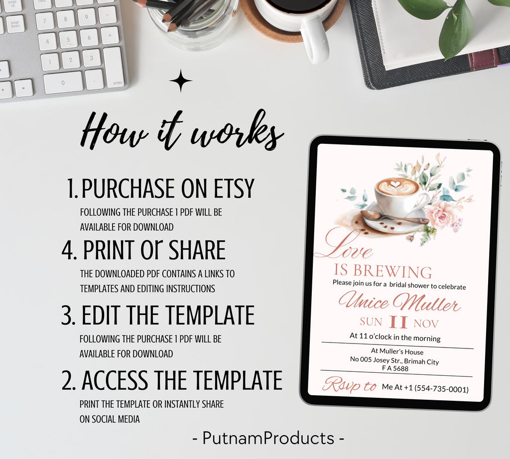 Editable Love Is Brewing Bridal Shower invitation, Coffee Bridal Shower invitation, Printable Brunch Invite, coffee invite