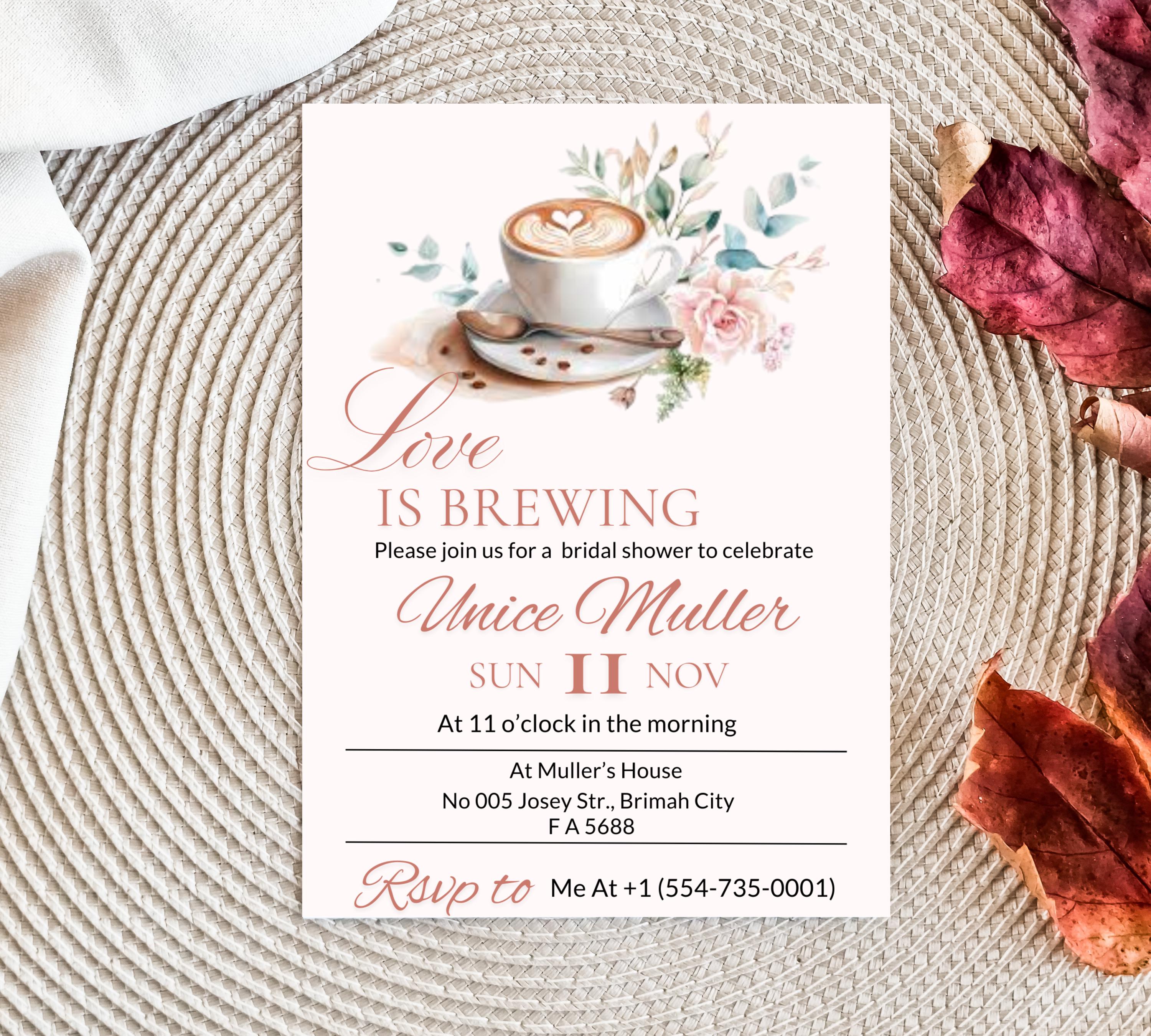 Editable Love Is Brewing Bridal Shower invitation, Coffee Bridal Shower invitation, Printable Brunch Invite, coffee invite