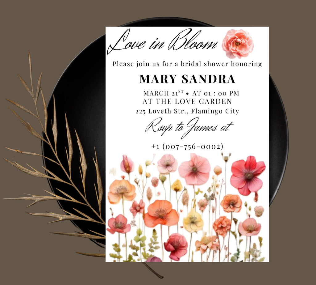 Love In Bloom Wildflower Bridal Shower invite template, Editable Wildflower Bridal Shower Invitation, wildflower Floral Bridal Shower Decor