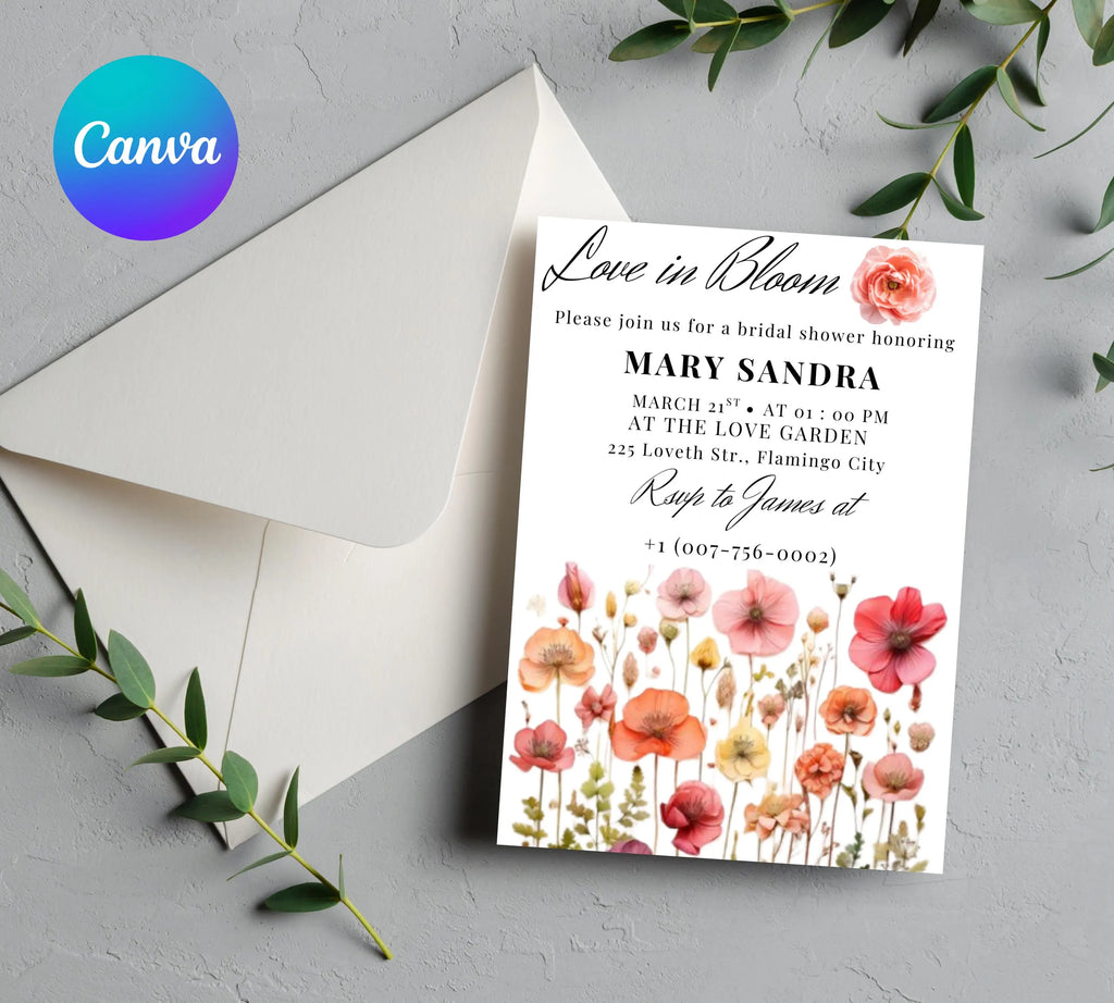 Love In Bloom Wildflower Bridal Shower invite template, Editable Wildflower Bridal Shower Invitation, wildflower Floral Bridal Shower Decor