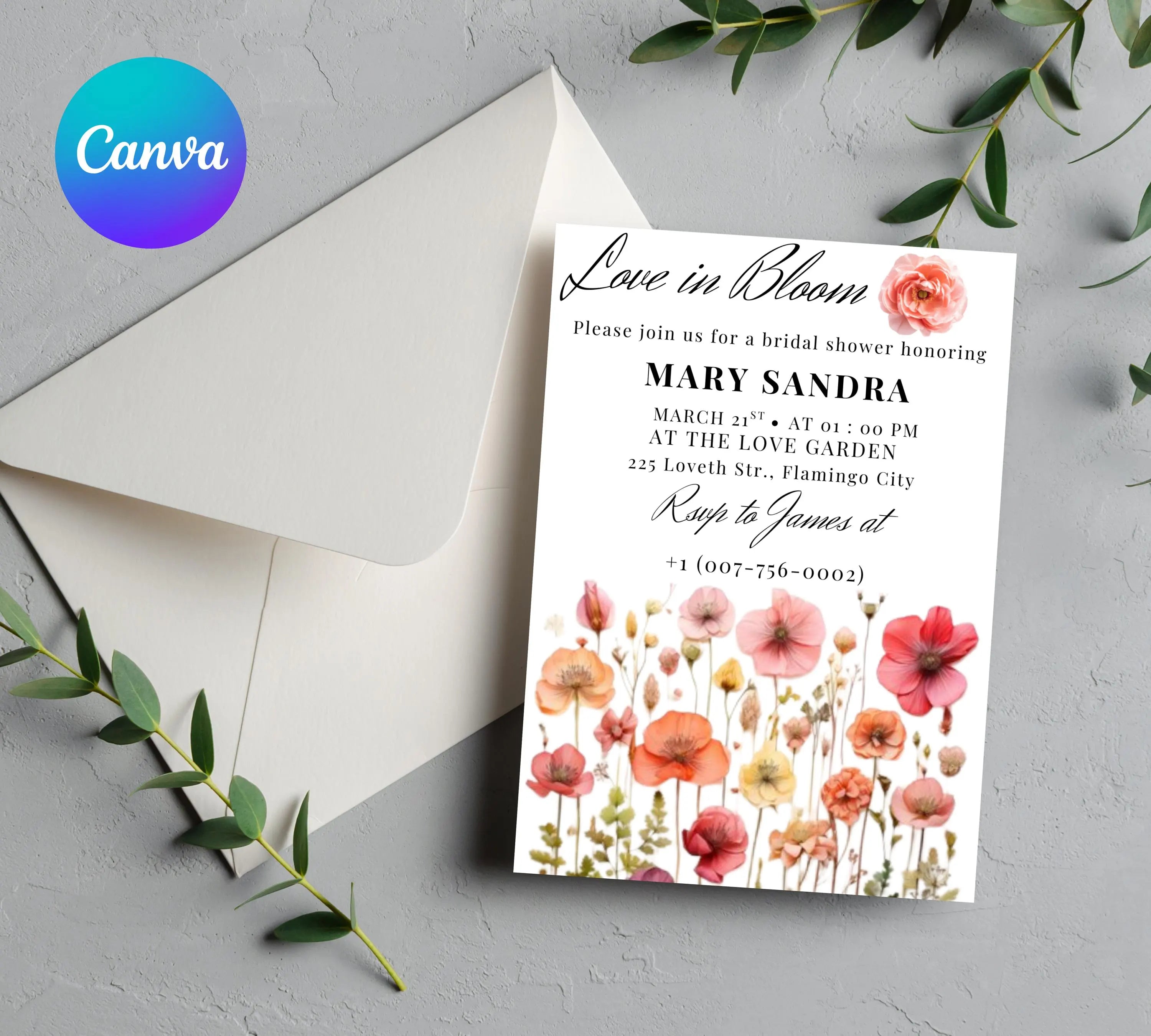 Love In Bloom Wildflower Bridal Shower invite template, Editable Wildflower Bridal Shower Invitation, wildflower Floral Bridal Shower Decor