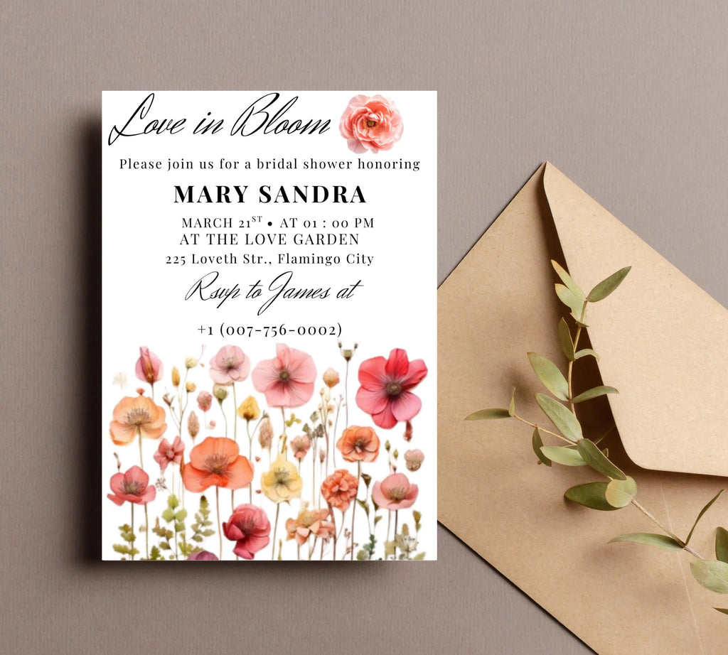Love In Bloom Wildflower Bridal Shower invite template, Editable Wildflower Bridal Shower Invitation, wildflower Floral Bridal Shower Decor