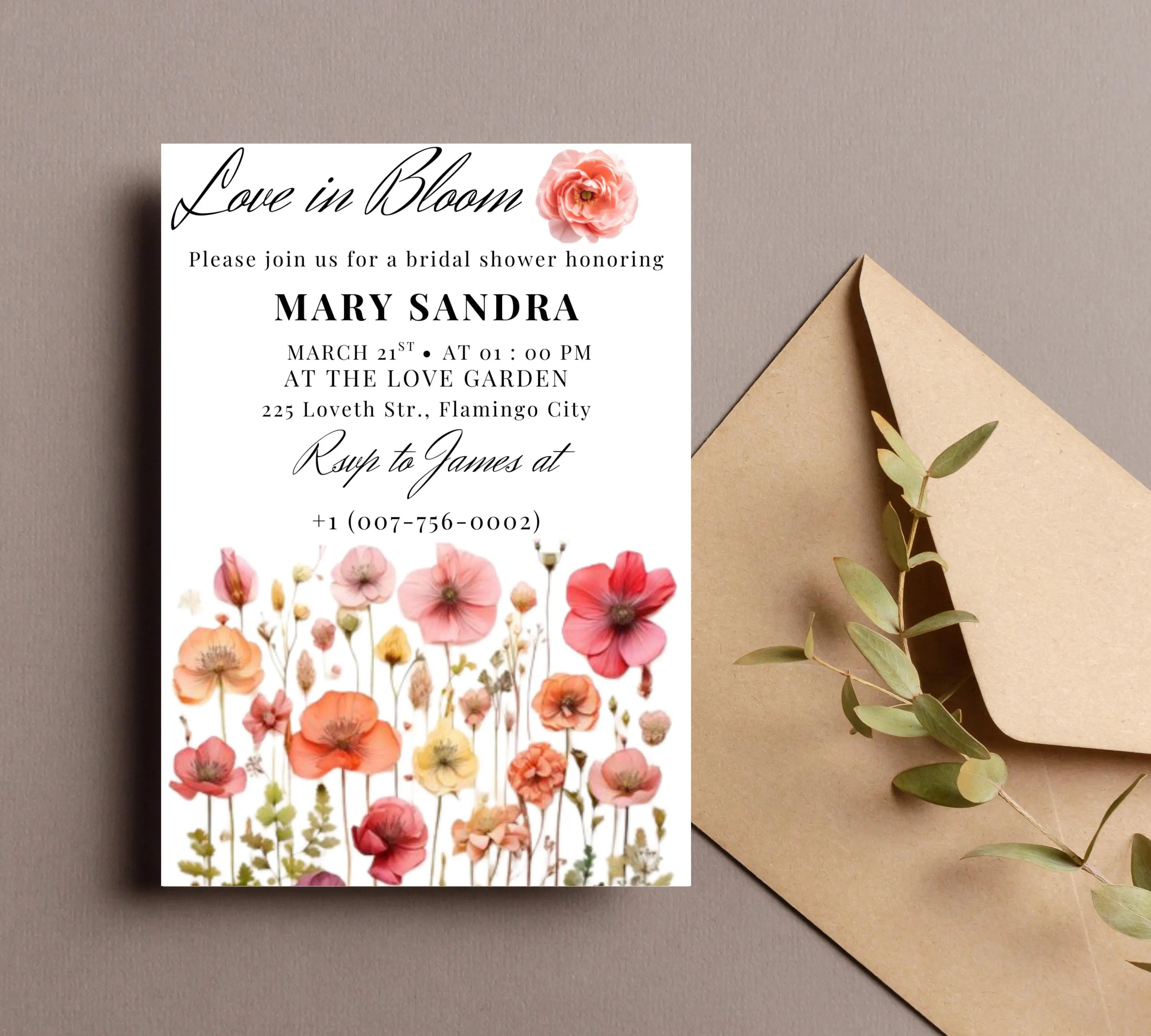 Love In Bloom Wildflower Bridal Shower invite template, Editable Wildflower Bridal Shower Invitation, wildflower Floral Bridal Shower Decor