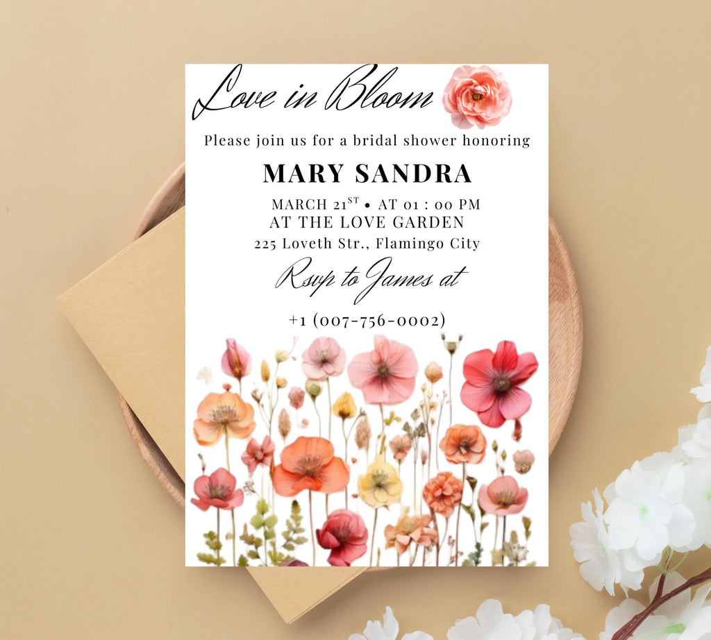 Love In Bloom Wildflower Bridal Shower invite template, Editable Wildflower Bridal Shower Invitation, wildflower Floral Bridal Shower Decor