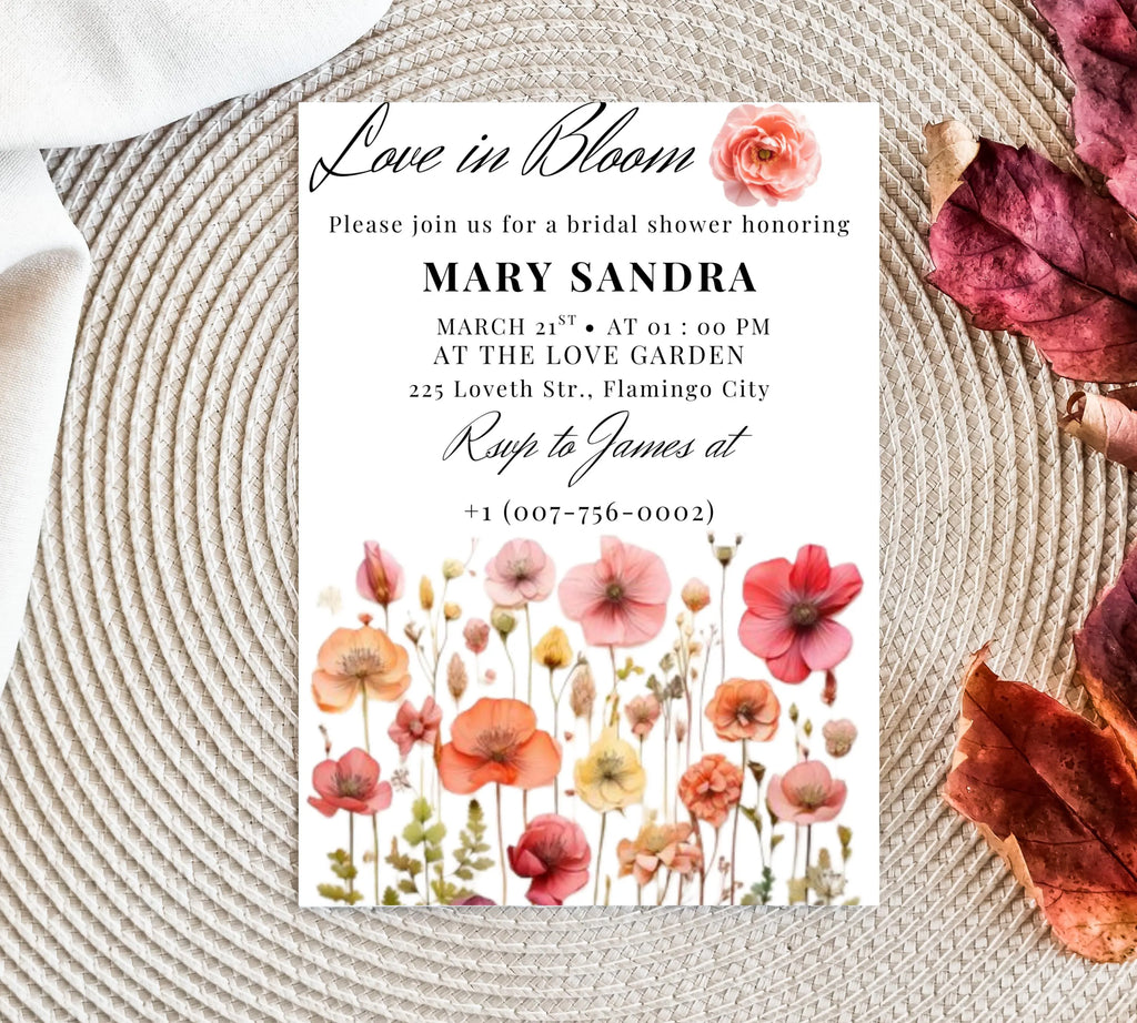 Love In Bloom Wildflower Bridal Shower invite template, Editable Wildflower Bridal Shower Invitation, wildflower Floral Bridal Shower Decor