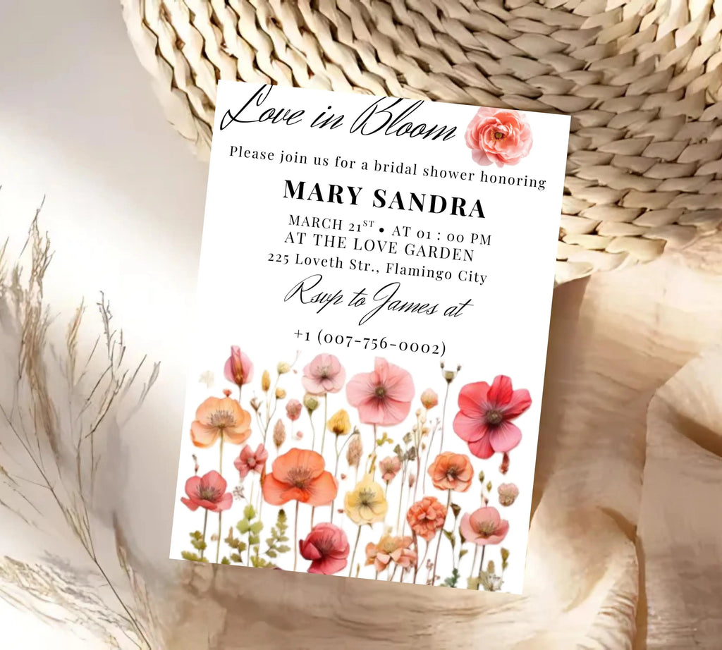 Love In Bloom Wildflower Bridal Shower invite template, Editable Wildflower Bridal Shower Invitation, wildflower Floral Bridal Shower Decor