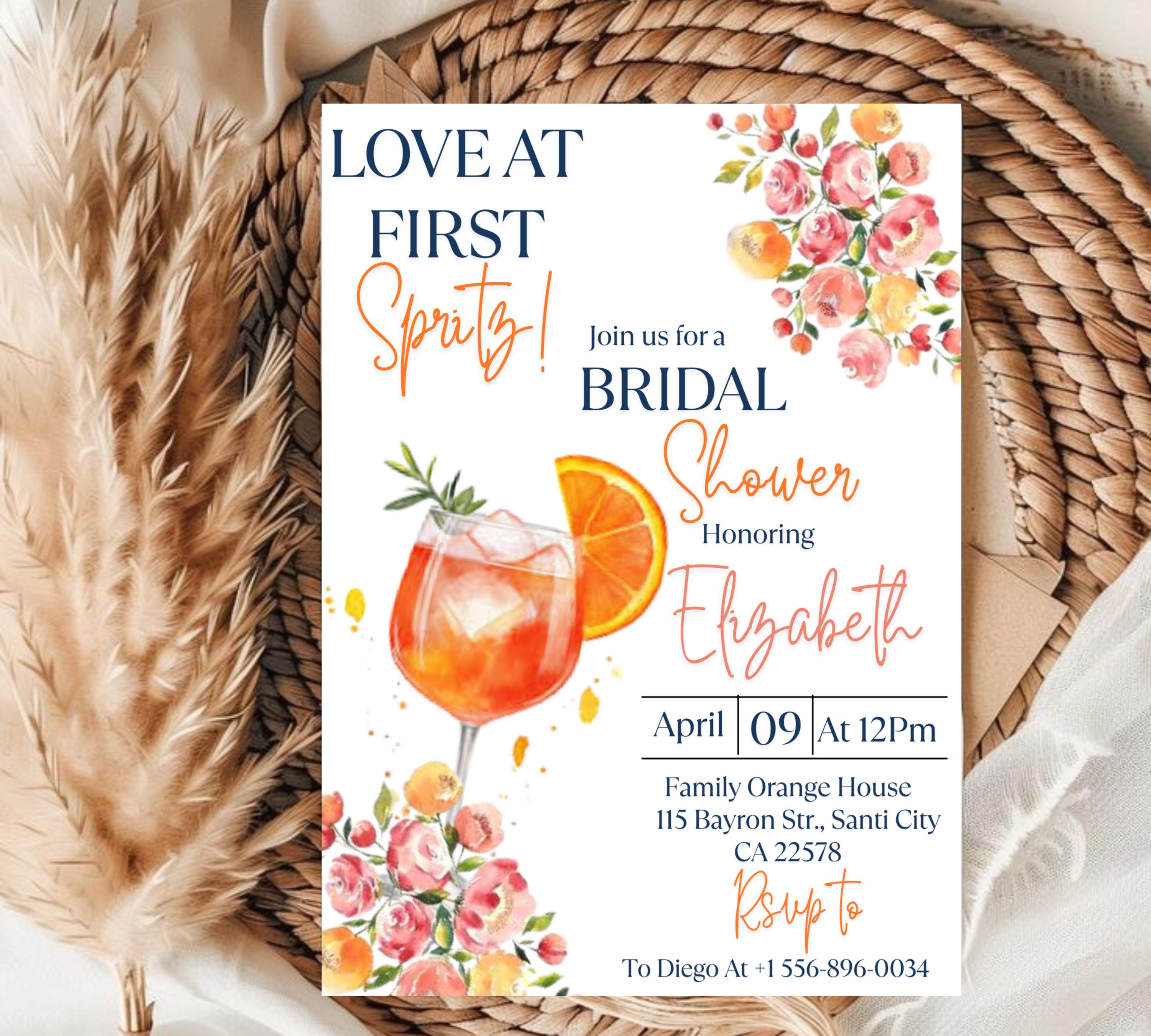 Love at First Spritz Bridal Shower invitation, Aperol Spritz Bridal Shower Invite, Citrus Bridal Brunch, Orange Bridal Shower Bright Florals