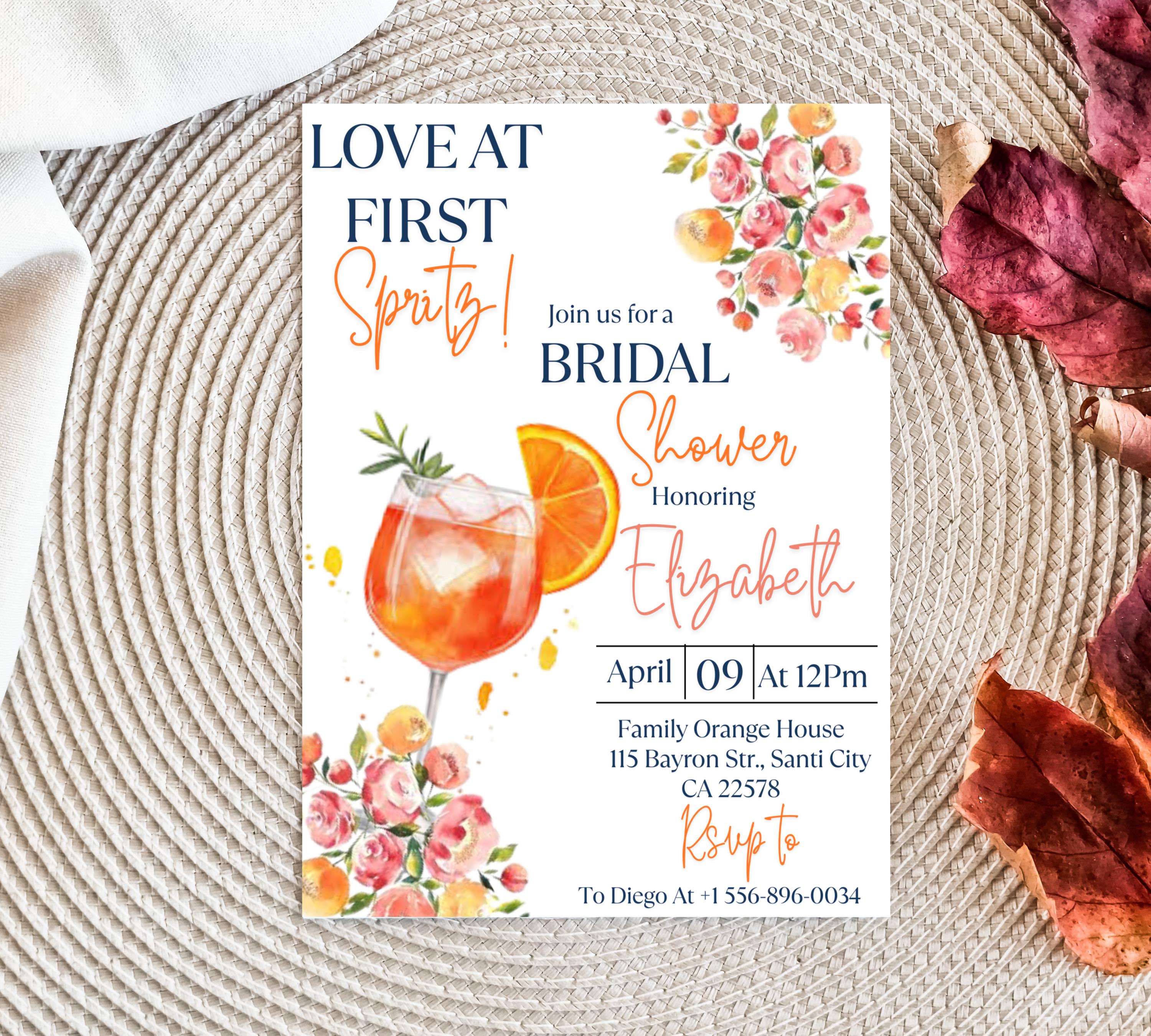 Love at First Spritz Bridal Shower invitation, Aperol Spritz Bridal Shower Invite, Citrus Bridal Brunch, Orange Bridal Shower Bright Florals