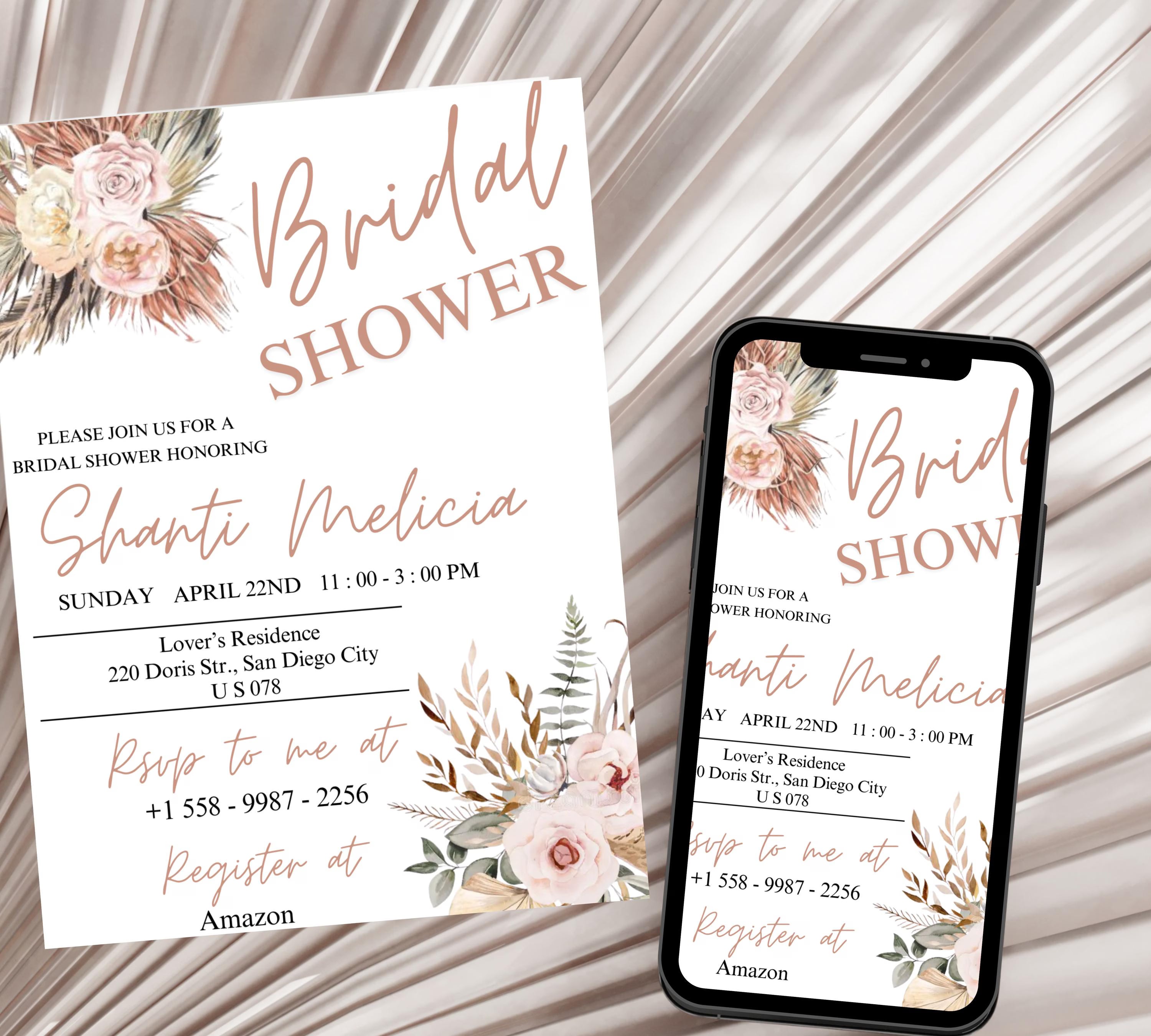 Editable Boho Bridal Shower Invitation, Rose Wildflower Bridal Shower Editable Invitation Template, Eucalyptus Shower Invite, Printable
