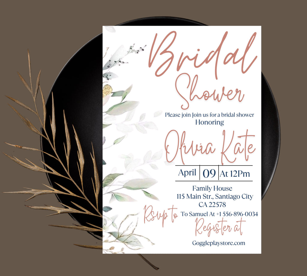 Editable Eucalyptus Bridal Shower Invitation Template, Bridal Shower Invite,Garden, beige Flower Bridal shower invite, Greenery Invite