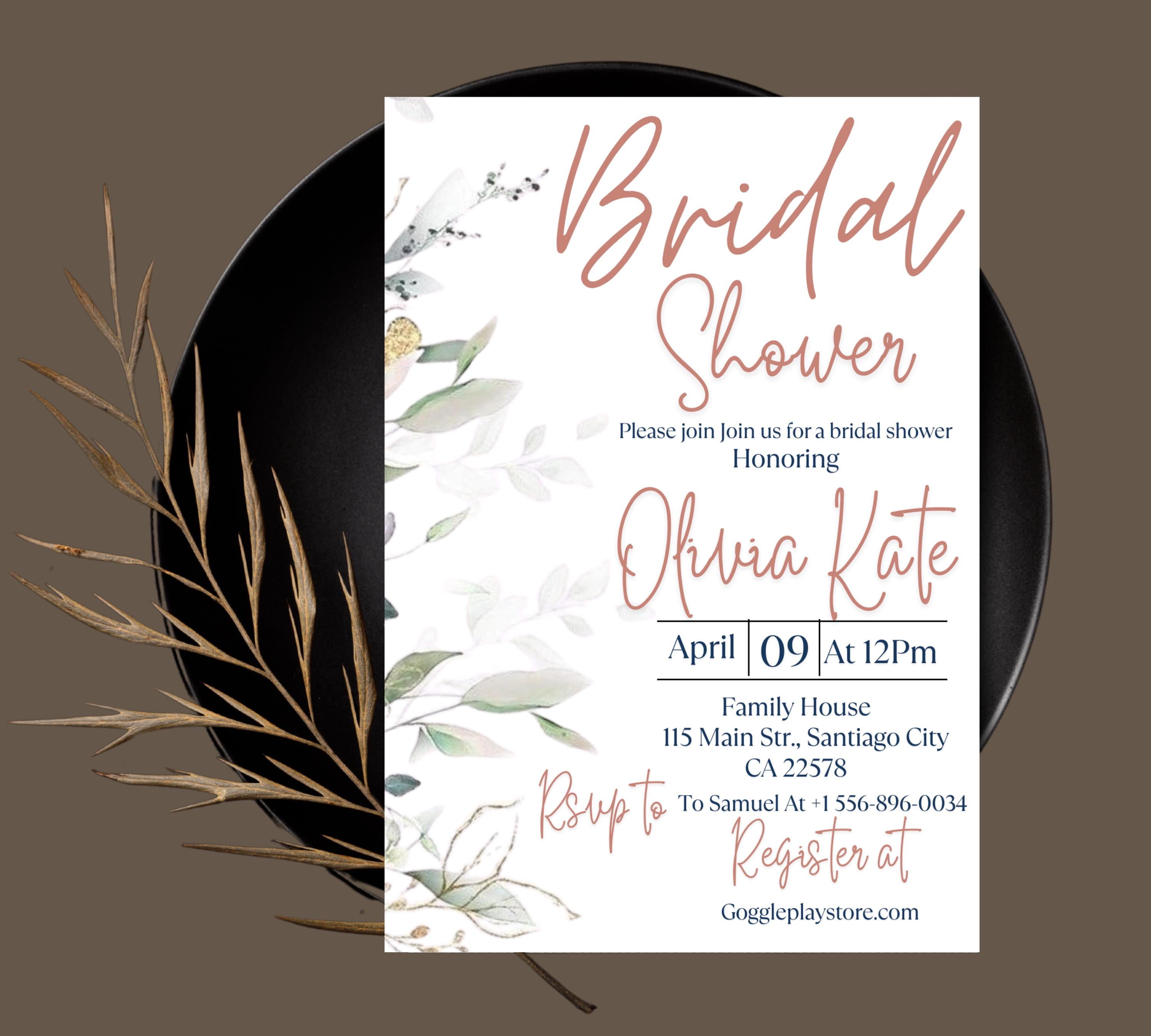 Editable Eucalyptus Bridal Shower Invitation Template, Bridal Shower Invite,Garden, beige Flower Bridal shower invite, Greenery Invite