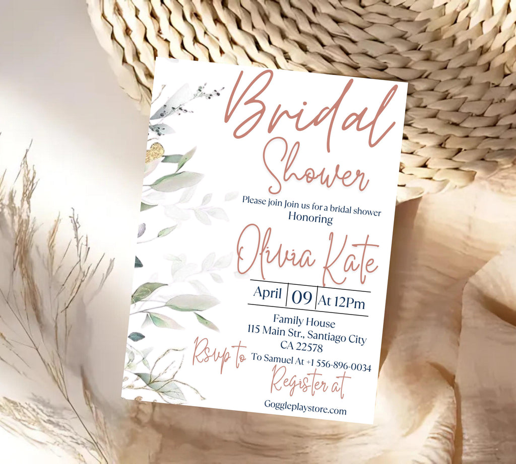 Editable Eucalyptus Bridal Shower Invitation Template, Bridal Shower Invite,Garden, beige Flower Bridal shower invite, Greenery Invite