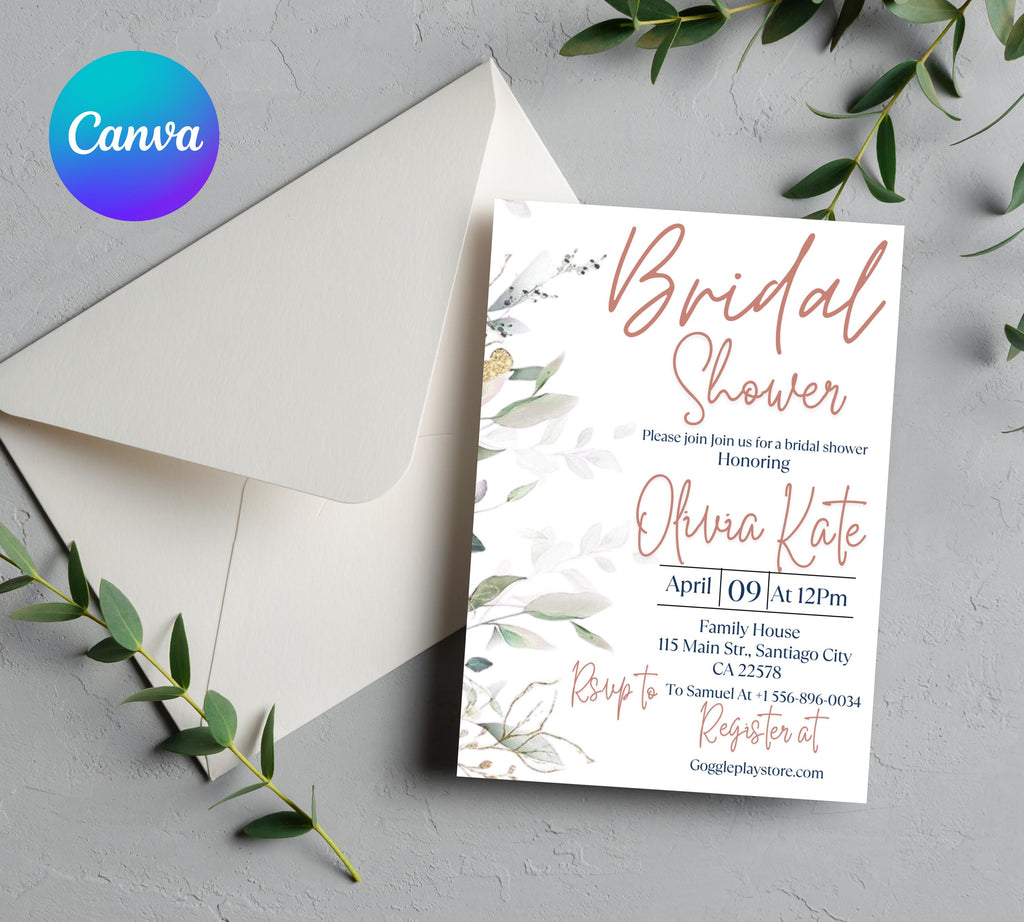 Editable Eucalyptus Bridal Shower Invitation Template, Bridal Shower Invite,Garden, beige Flower Bridal shower invite, Greenery Invite